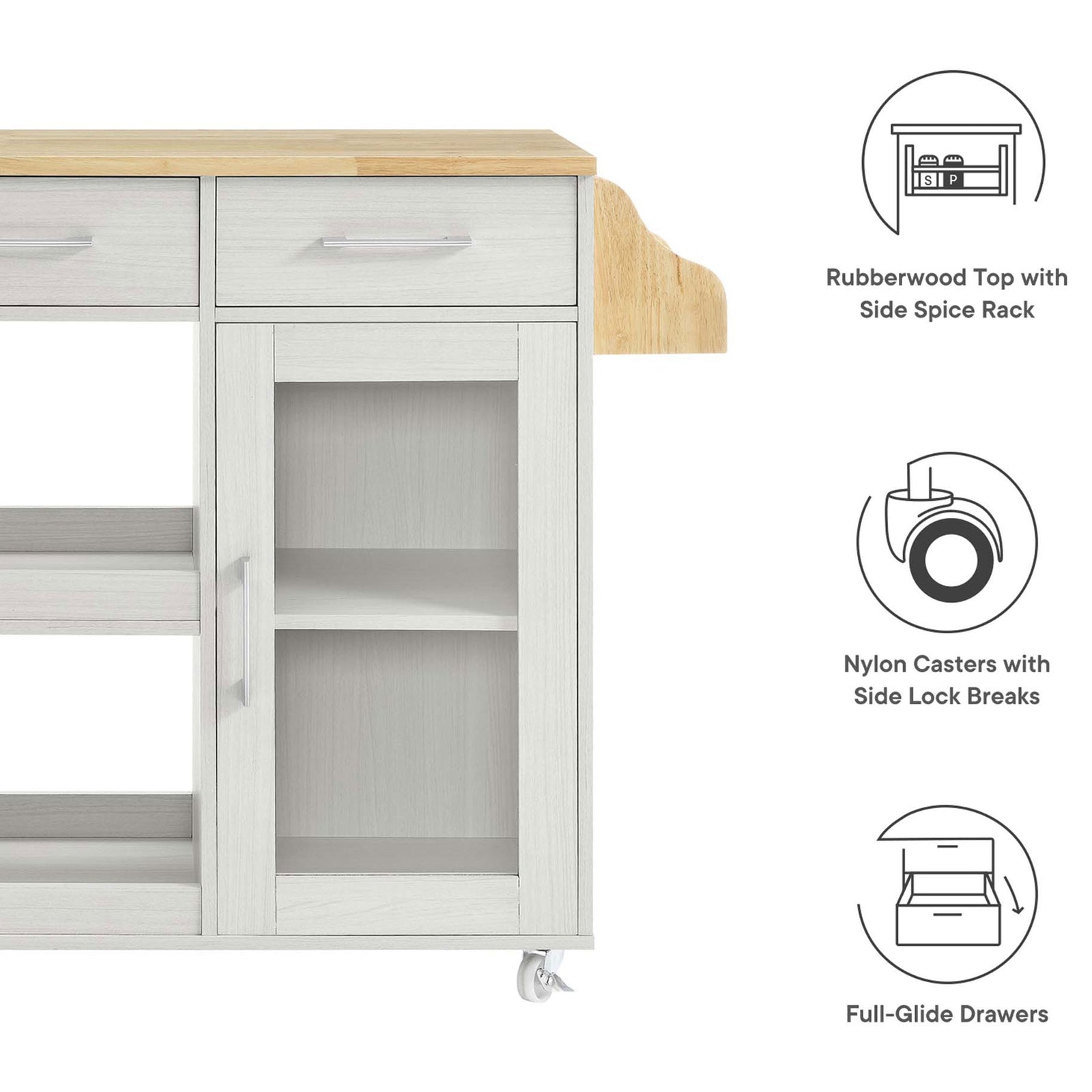 Feature graphic highlighting rubberwood top, locking casters, and full-glide drawers || EEI-6277-WHI-NAT || callout_studio