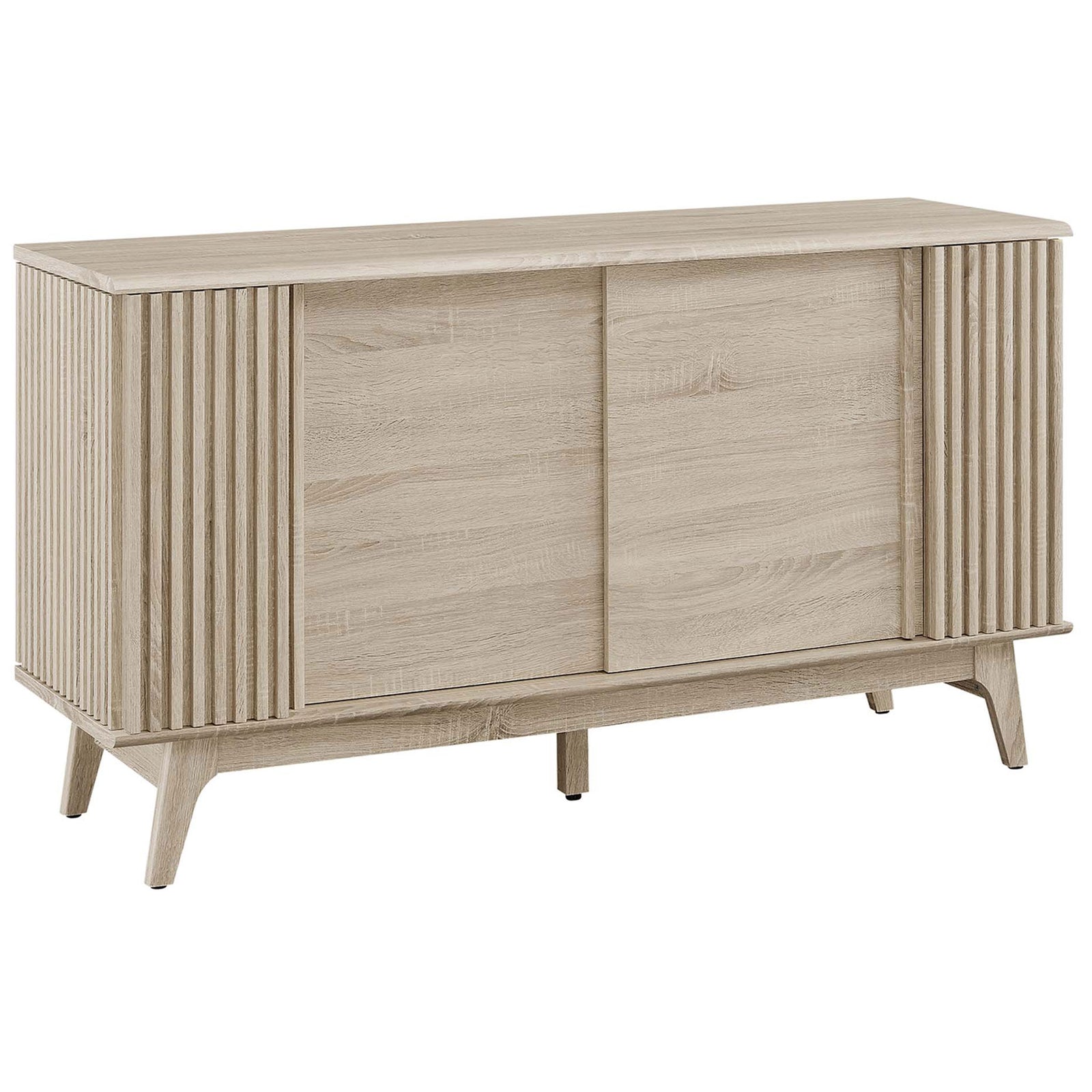 Oak sideboard with vertical slatted doors and tapered mid-century base || EEI-6278-OAK || front_angle_studio