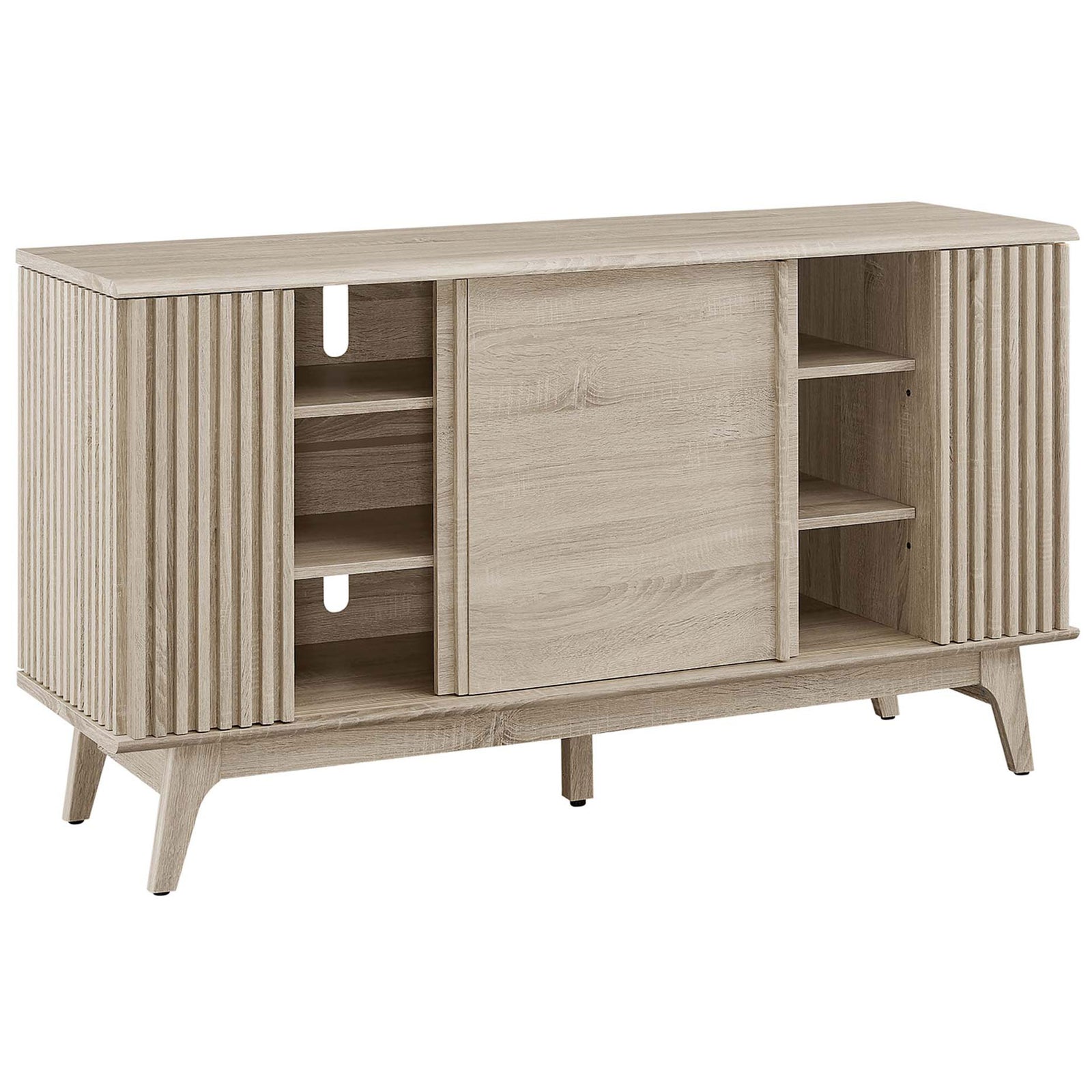 Oak sideboard with adjustable center shelves and cable cutouts behind sliding door || EEI-6278-OAK || front_angle_open_studio