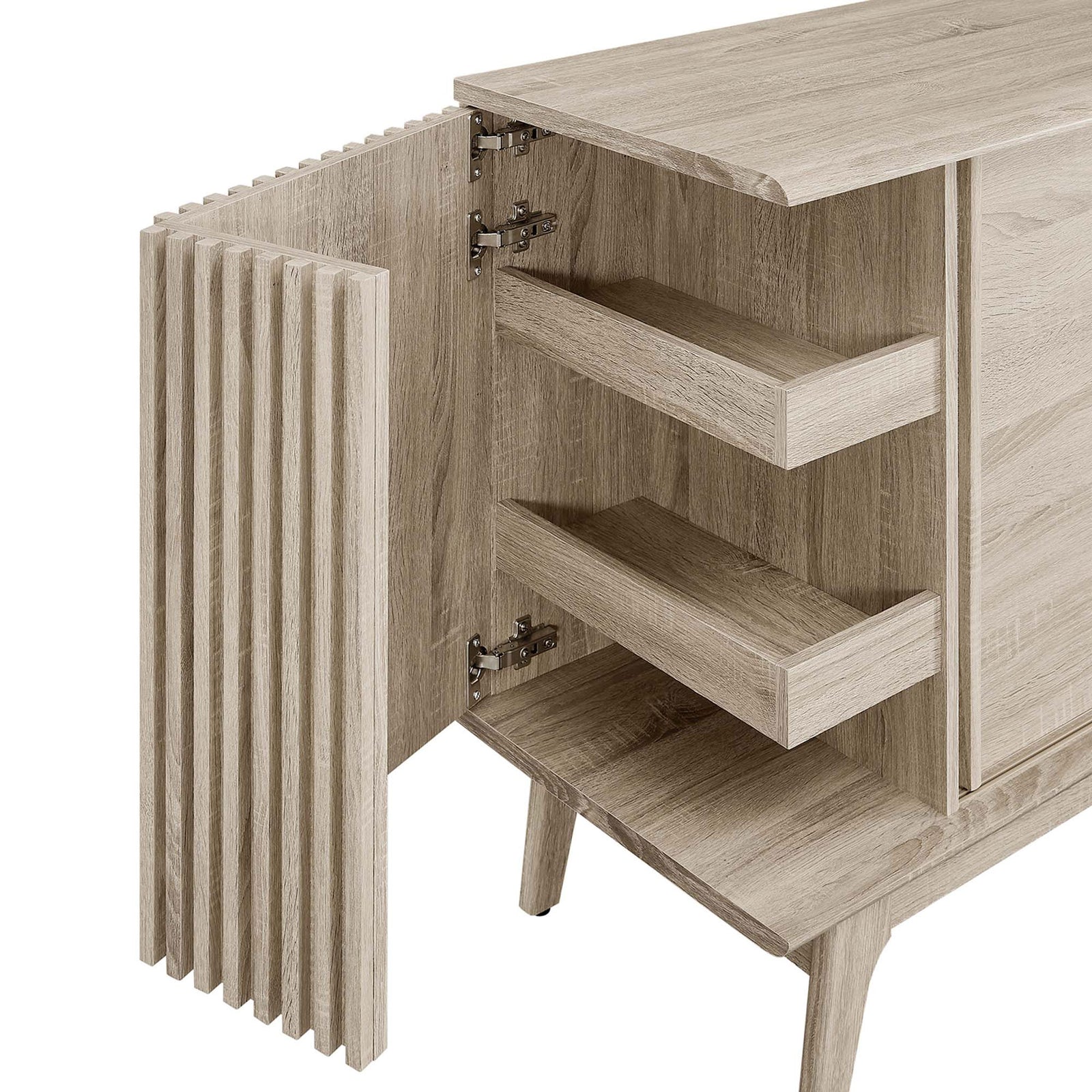 Corner cabinet door open to reveal nested storage shelves inside sideboard || EEI-6278-OAK || storage_open_studio
