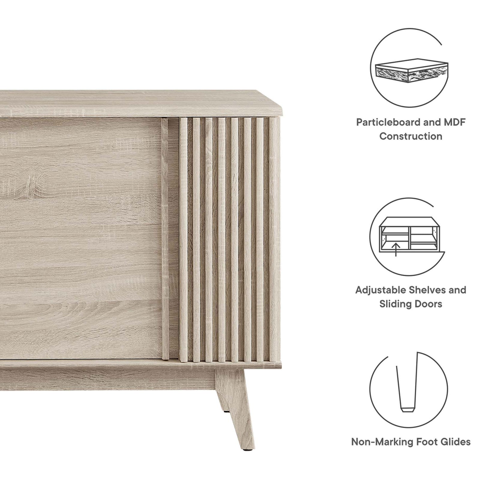 Feature icons highlighting oak sideboard construction, shelves, and non-marking foot glides || EEI-6278-OAK || callout_studio
