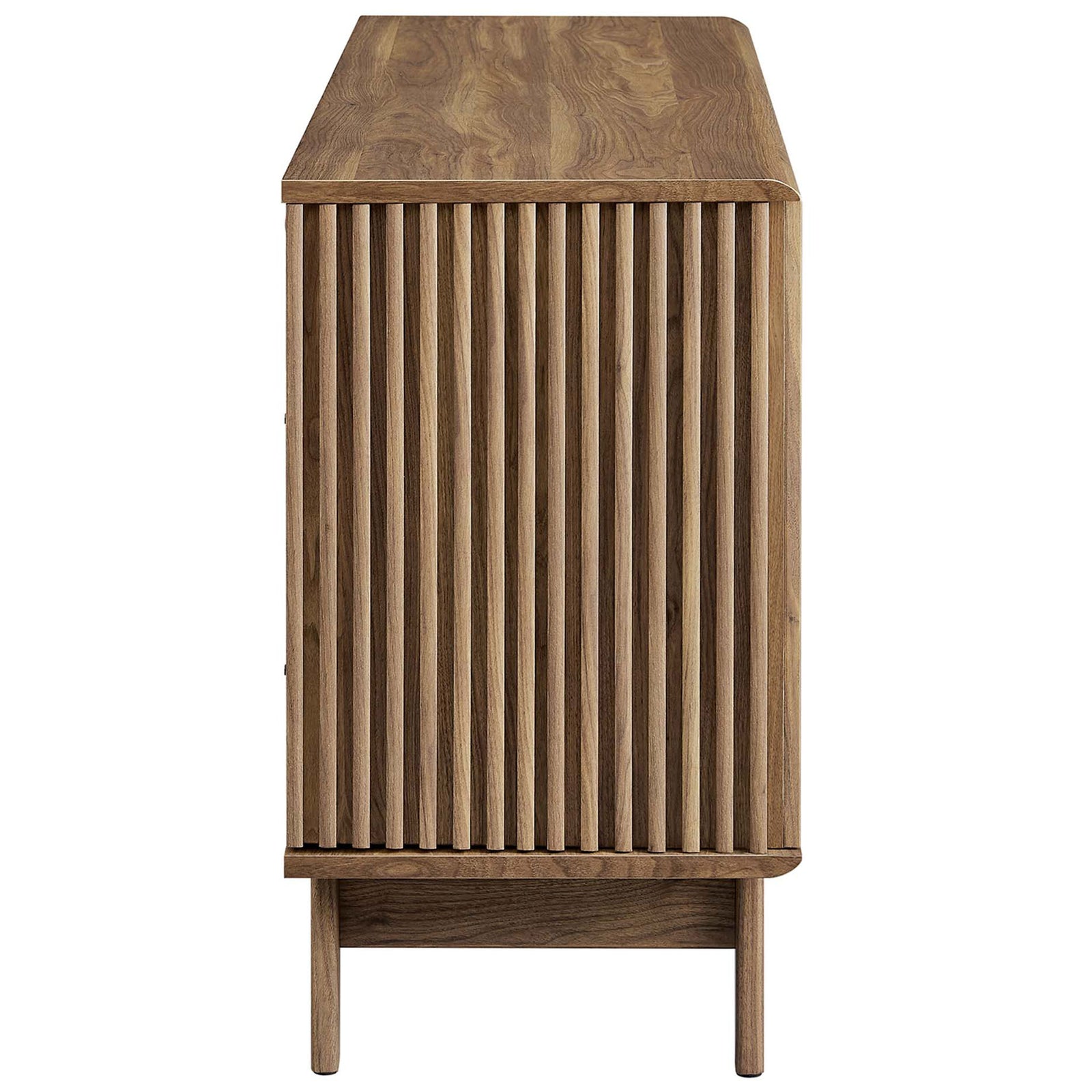 Textured slatted side panel and rich walnut wood grain give this sideboard a sculptural, modern presence. || EEI-6278-WAL || side_studio