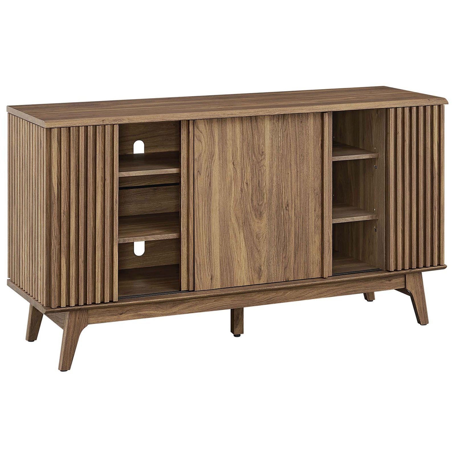 Sliding door reveals adjustable shelves and cord management cutouts, turning this walnut sideboard into a media console. || EEI-6278-WAL || front_angle_open_studio