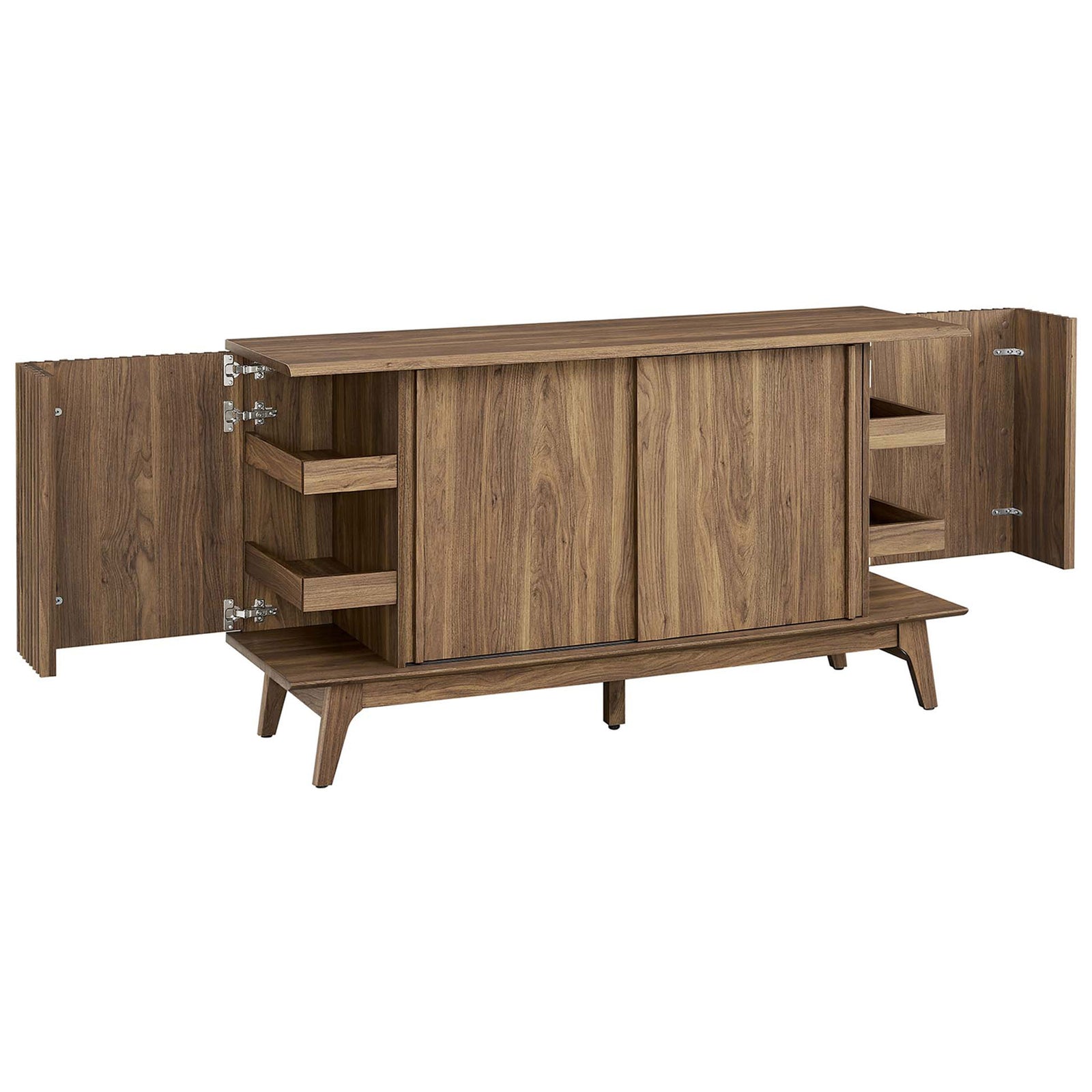 Hinged corner doors open to reveal tiered tray storage, perfect for organizing barware and entertaining essentials. || EEI-6278-WAL || front_angle_open_studio