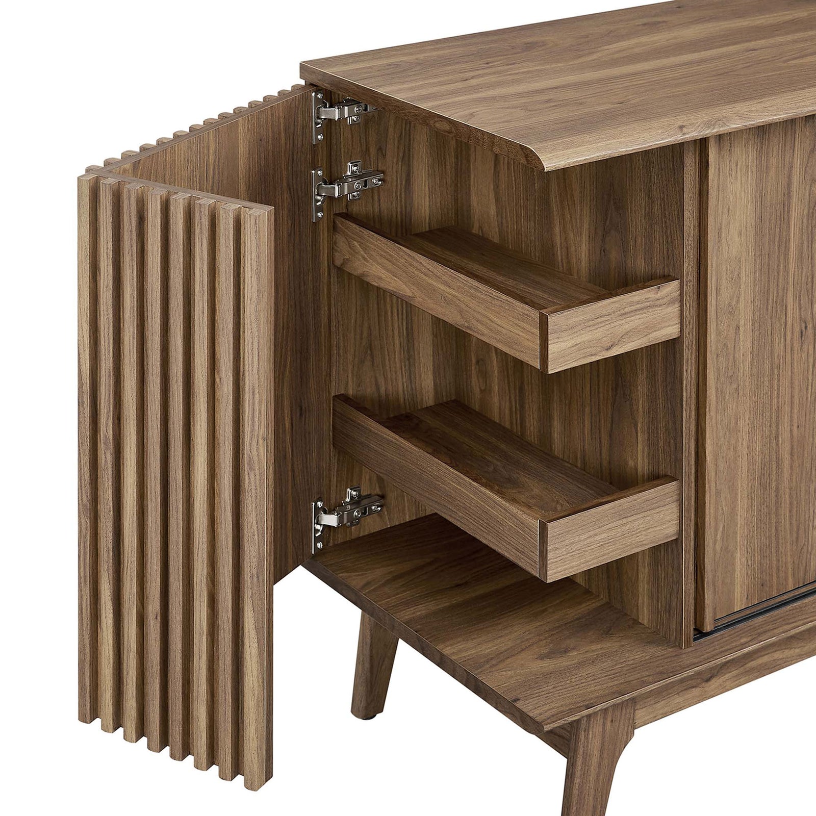 Interior door trays and sturdy metal hinges maximize accessible storage inside this versatile walnut sideboard. || EEI-6278-WAL || storage_open_studio