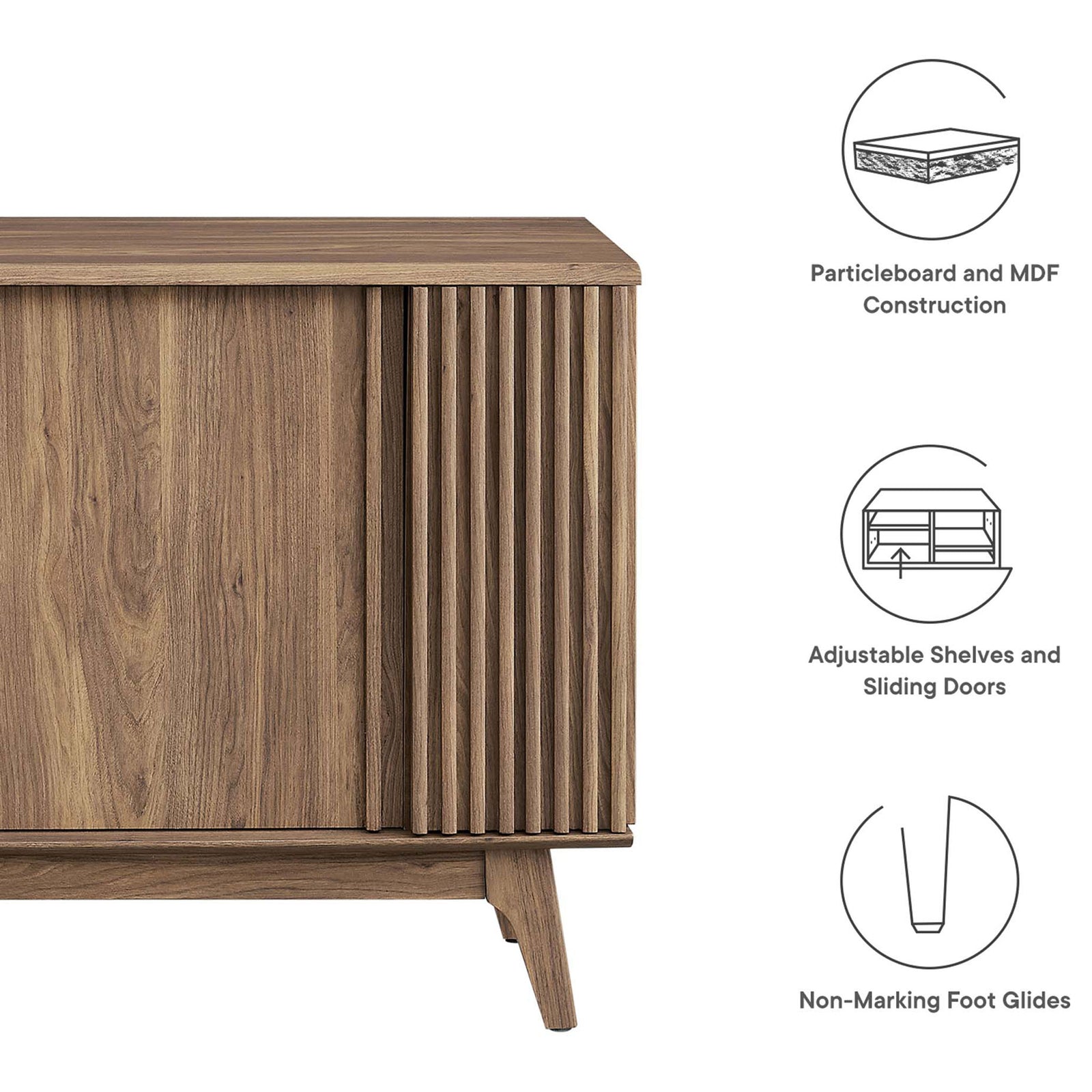 Feature graphic highlighting durable MDF construction, adjustable shelves, sliding doors, and non-marking foot glides. || EEI-6278-WAL || callout_studio