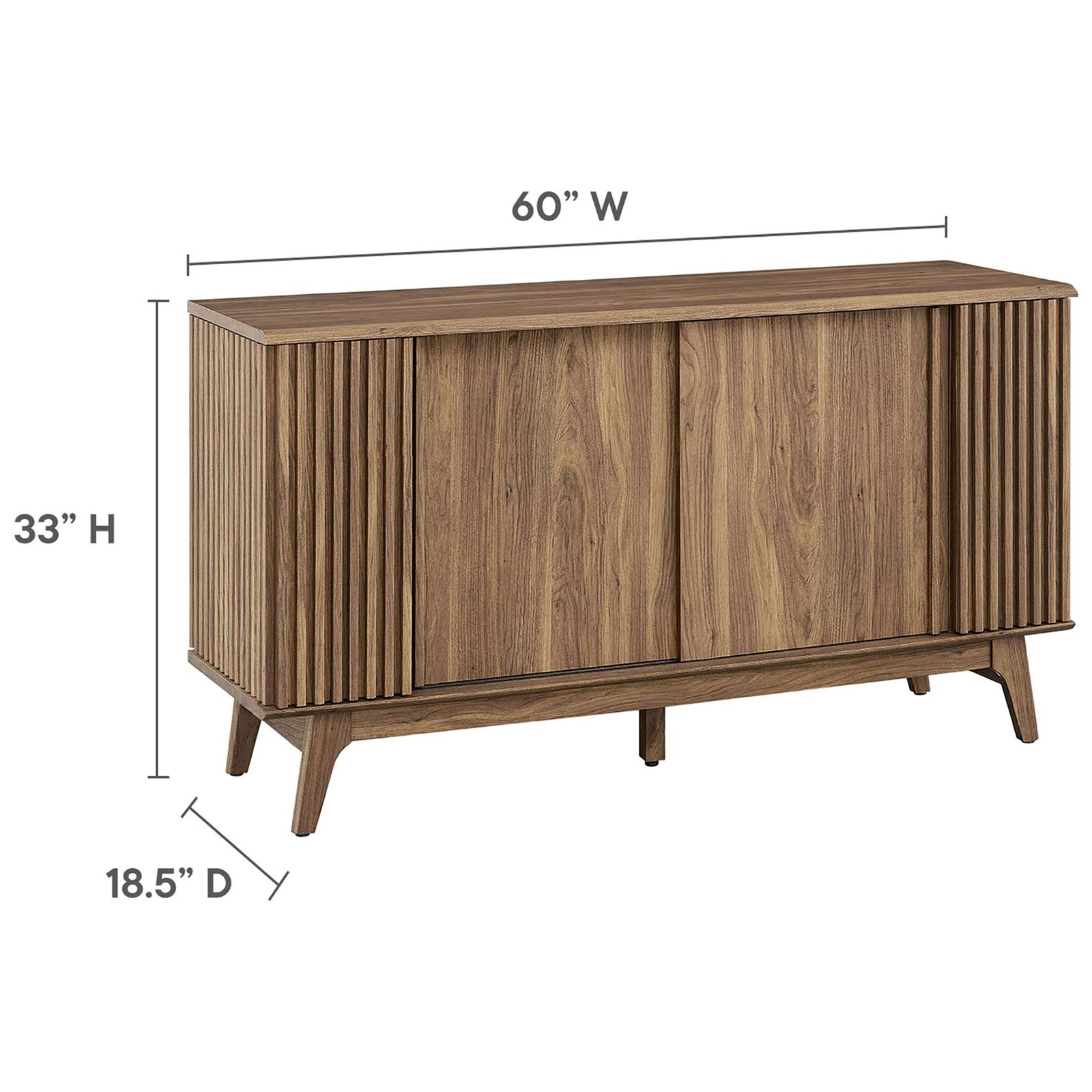 Dimension diagram showing the Eudora sideboard at 60 inches wide, 33 inches high, and 18.5 inches deep. || EEI-6278-WAL || dimension_studio