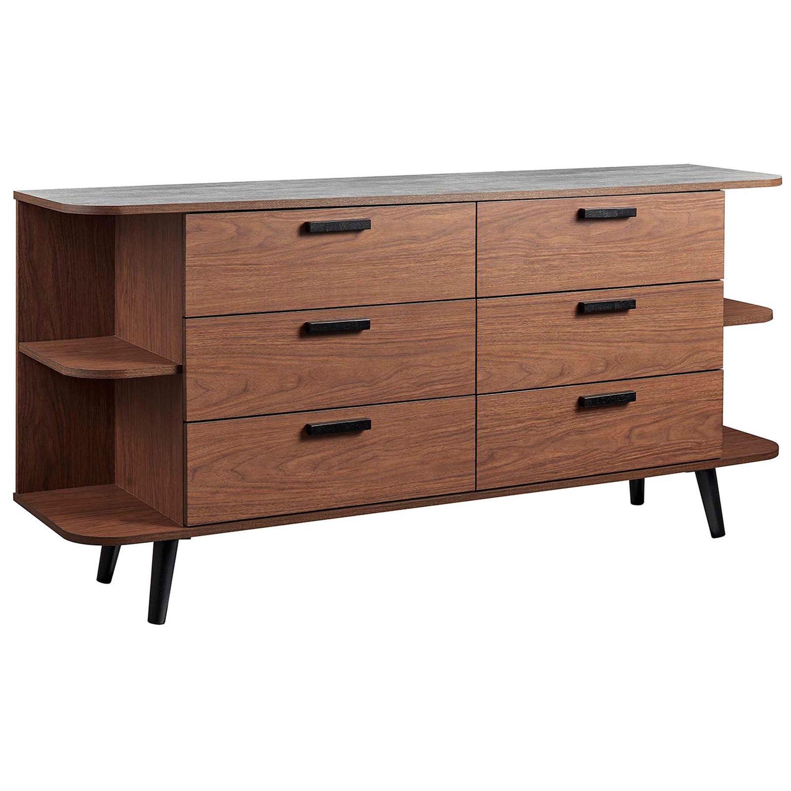 Langston walnut gray sideboard with stone-look top, six drawers, and open side shelves for display. || EEI-6281-WAL-GRY || front_angle_studio
