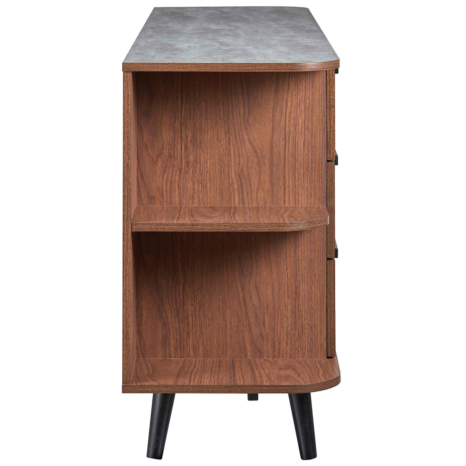 Walnut gray sideboard featuring tiered end shelving, rounded corners, and slim splayed black legs. || EEI-6281-WAL-GRY || side_studio