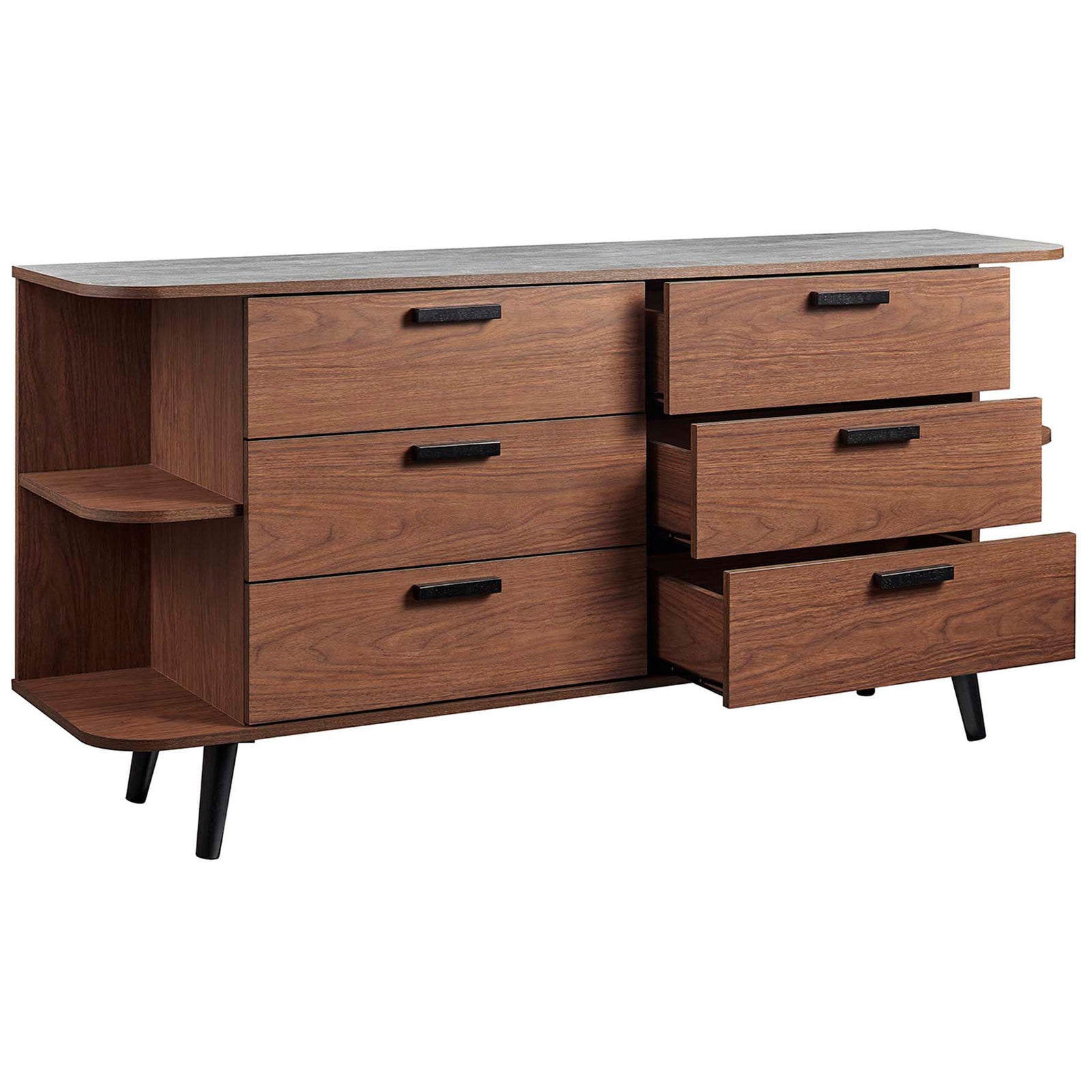 Walnut gray sideboard with three open drawers revealing spacious storage alongside open display shelves. || EEI-6281-WAL-GRY || front_angle_open_studio