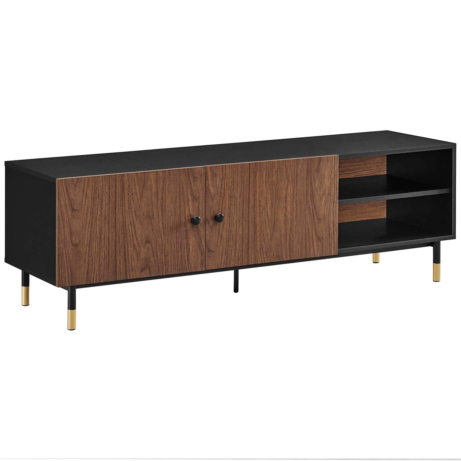 Sleek black walnut TV stand with closed cabinet, open shelves, and gold capped legs || EEI-6282-BLK-WAL || front_angle_studio
