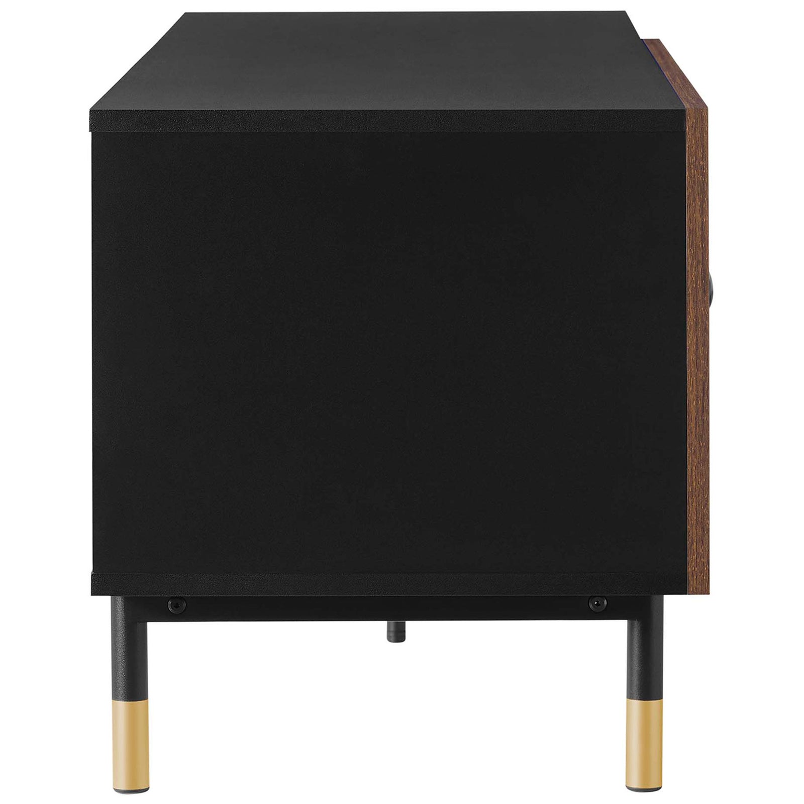 Slim black TV stand side profile highlighting clean lines and compact footprint || EEI-6282-BLK-WAL || side_studio