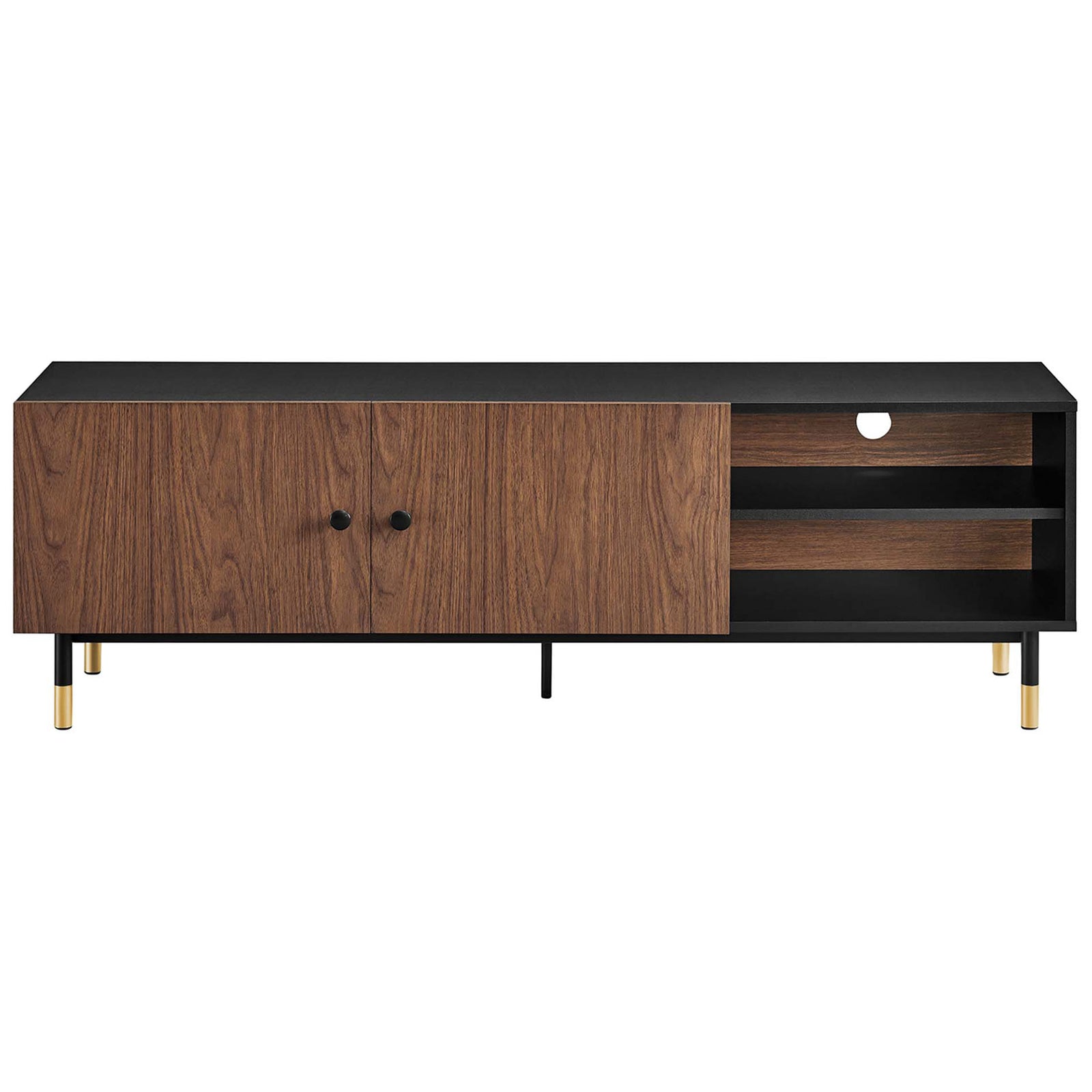 Modern black walnut TV stand with double doors, open media shelves, and cable cutout || EEI-6282-BLK-WAL || front_studio