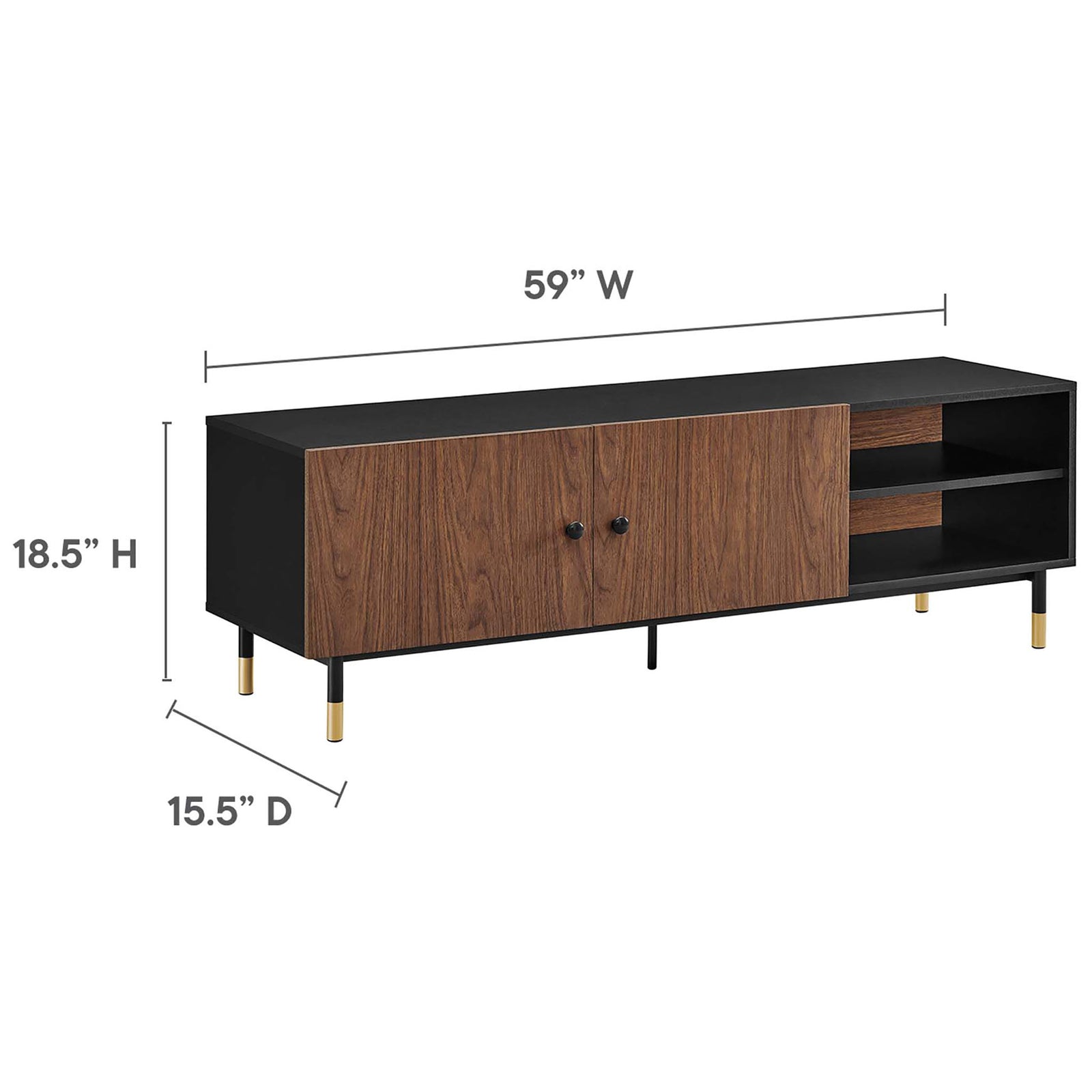 Dimension view of Nexus 60 inch TV stand showing overall width, height, and depth || EEI-6282-BLK-WAL || dimension_studio