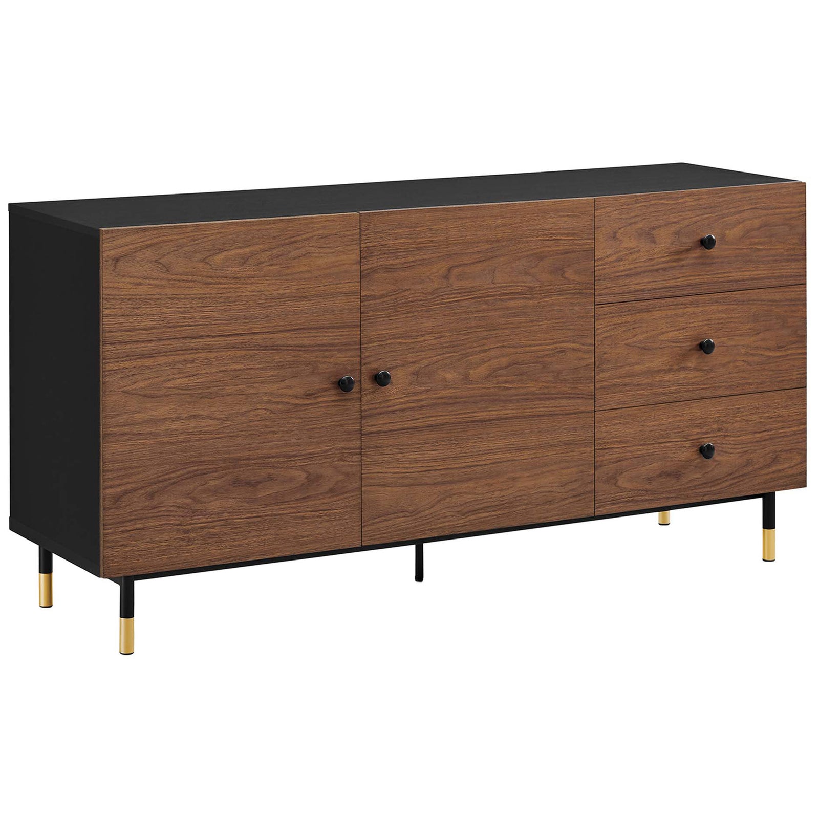 Black walnut sideboard with sleek black frame, three drawers, and dual cabinets on gold-capped metal legs || EEI-6283-BLK-WAL || front_angle_studio