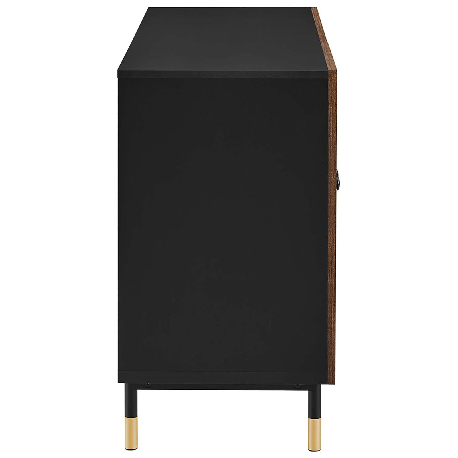 Slim black cabinet profile with black walnut doors and gold-tipped legs for streamlined modern storage || EEI-6283-BLK-WAL || side_studio