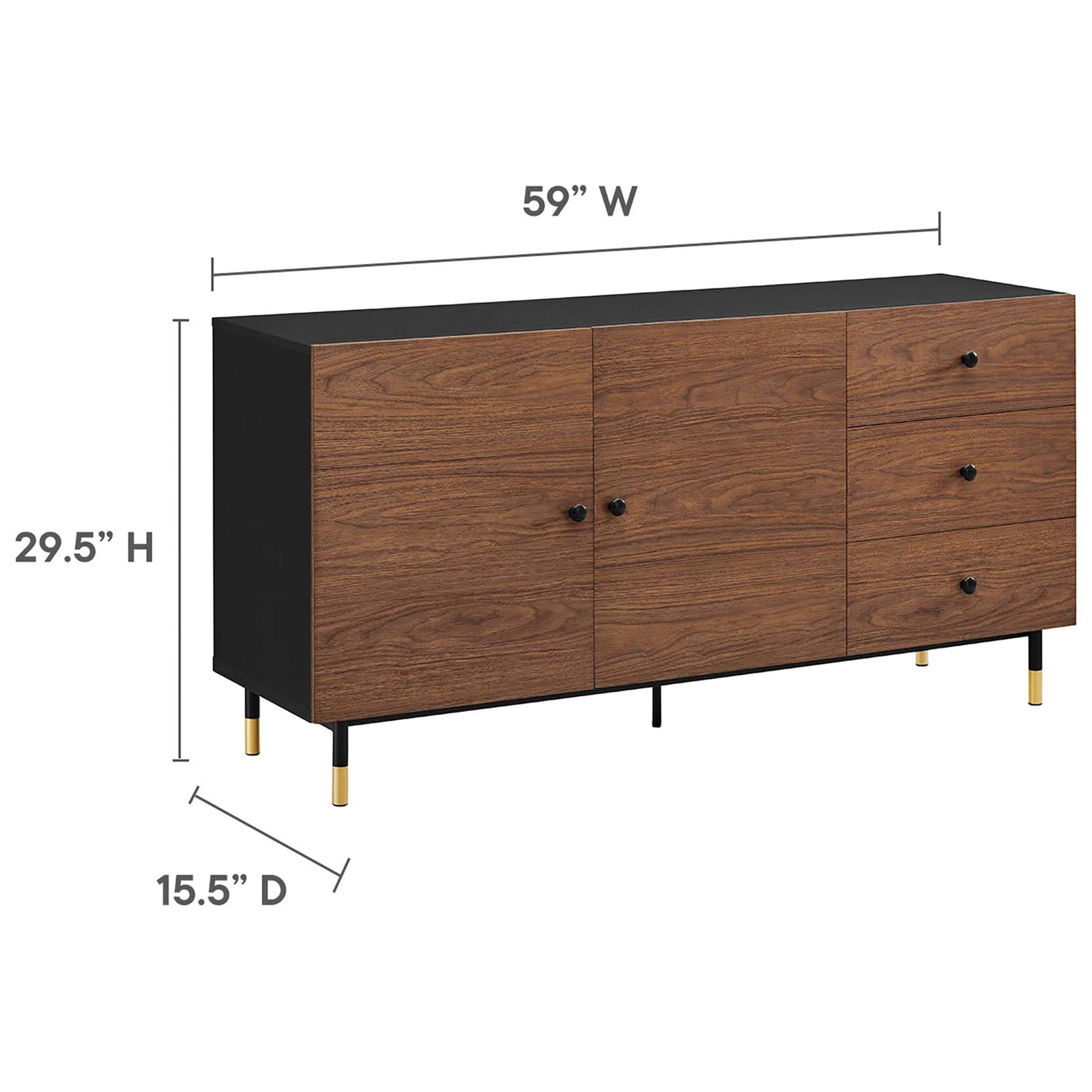 Nexus black walnut sideboard with generous 59 inch width, 29.5 inch height, and 15.5 inch depth for versatile storage || EEI-6283-BLK-WAL || dimension_studio