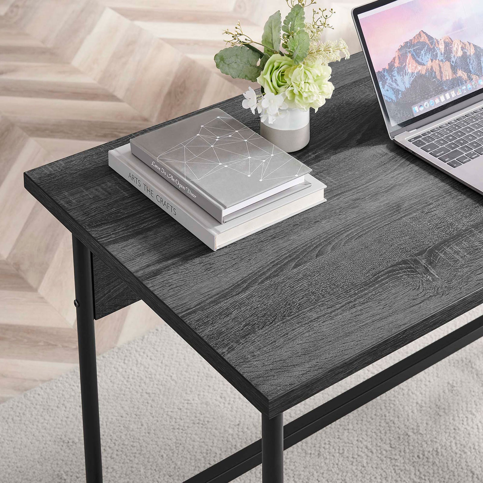Textured wood-grain surface resists daily wear while elevating notebooks, decor, and devices. || EEI-6284-BLK-CHA || detail_room