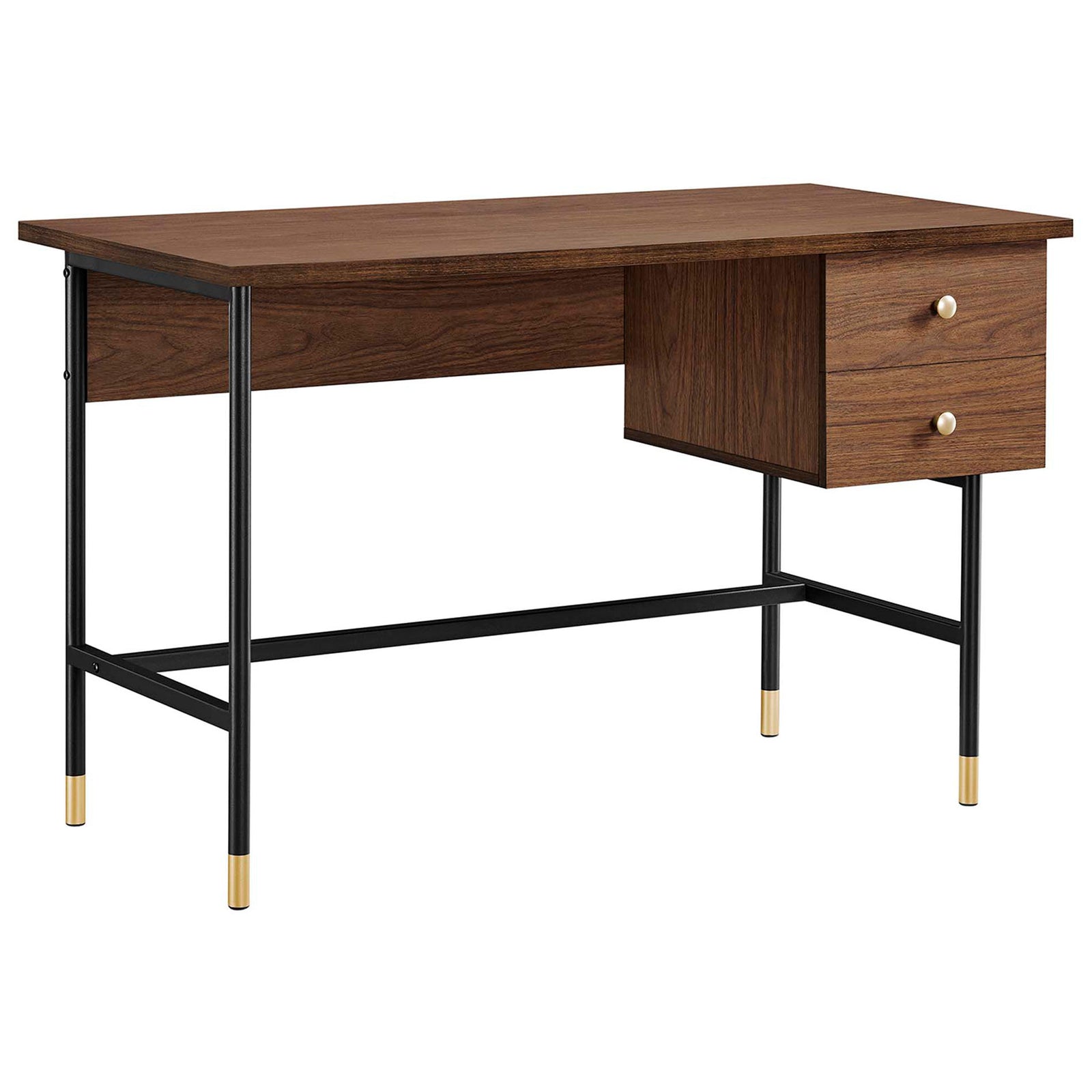 Walnut wood-grain desk with dual drawers, tubular black legs, and gold-capped feet || EEI-6284-BLK-WAL || front_angle_studio