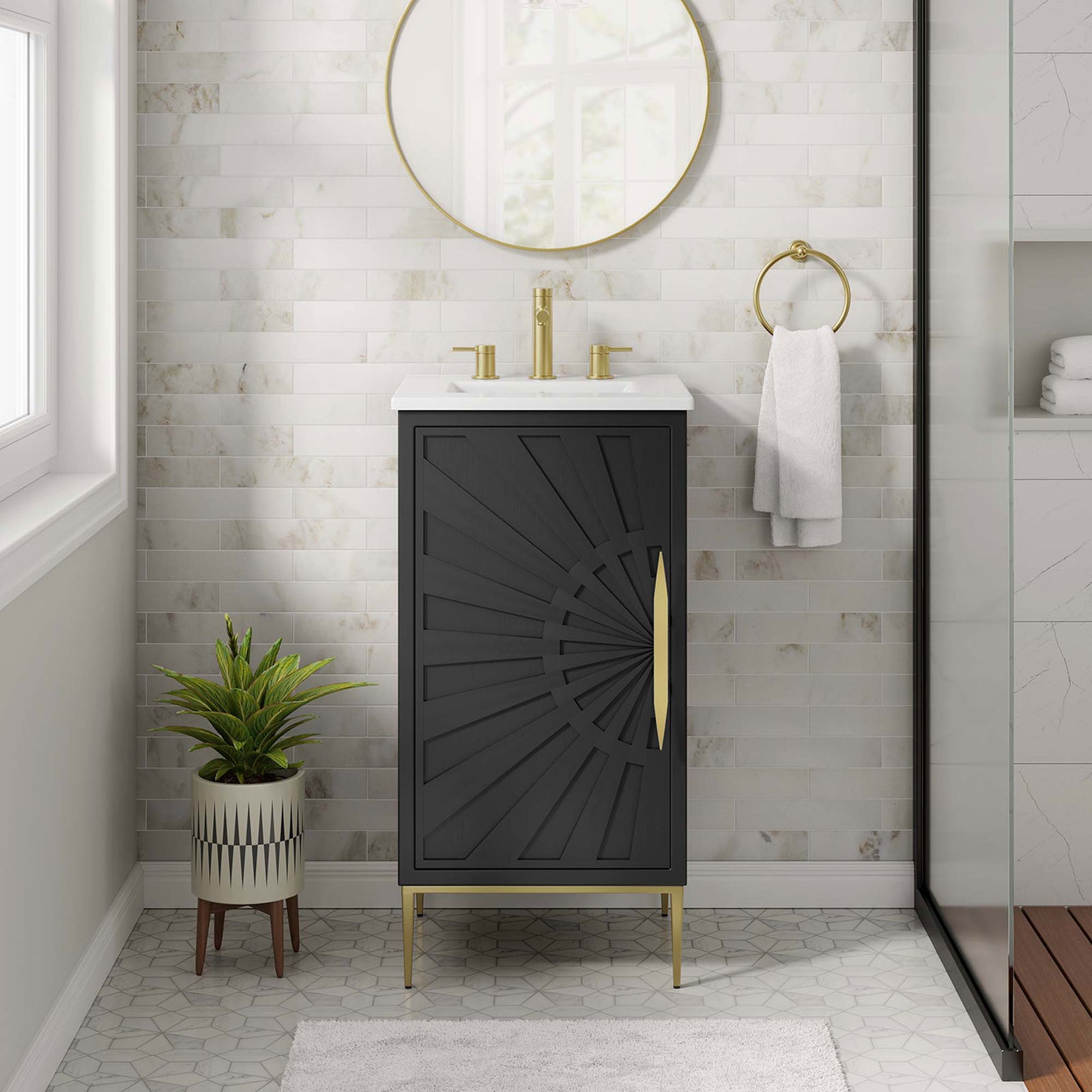 Modern black vanity with gold accents brings a touch of luxury to a light, tiled bathroom || EEI-6285-WHI-BLK || front_room