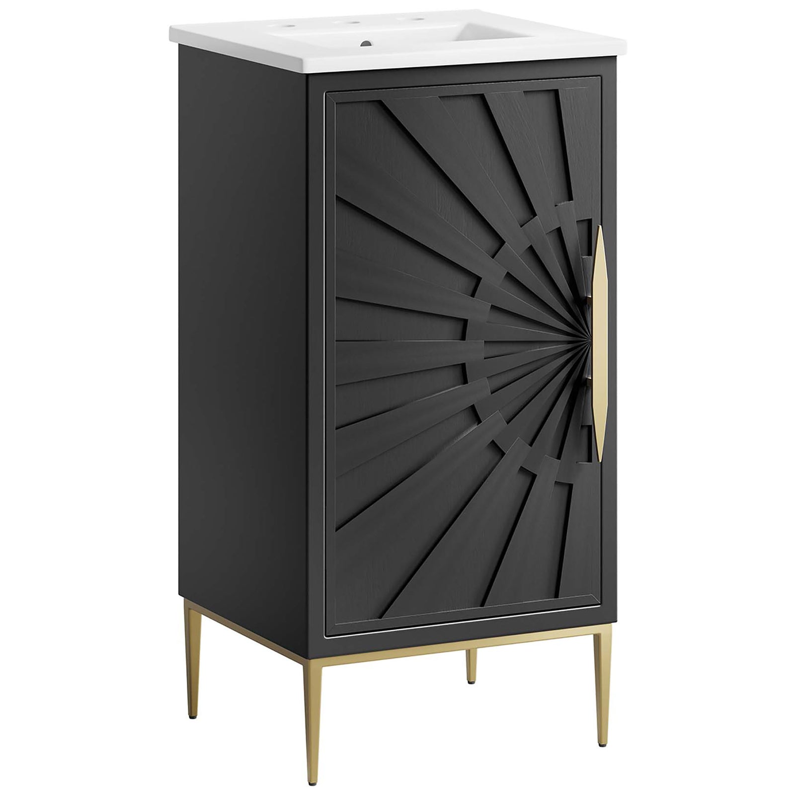 Compact black vanity with sunburst door, gold handle, and tapered legs topped by a white ceramic sink || EEI-6285-WHI-BLK || front_angle_studio