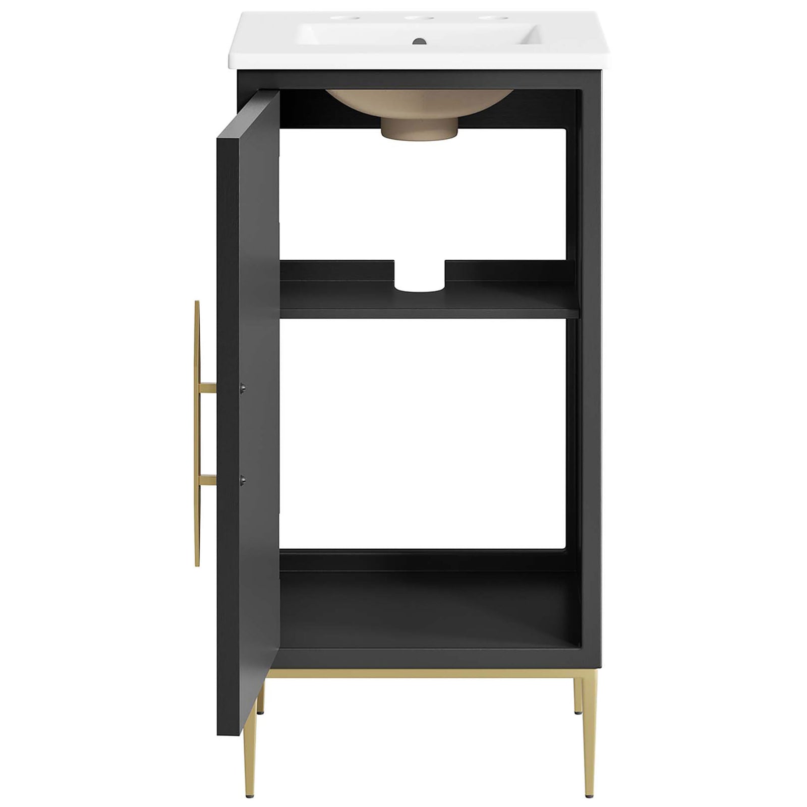Spacious two-tier storage behind the door keeps towels and essentials neatly organized || EEI-6285-WHI-BLK || front_open_studio
