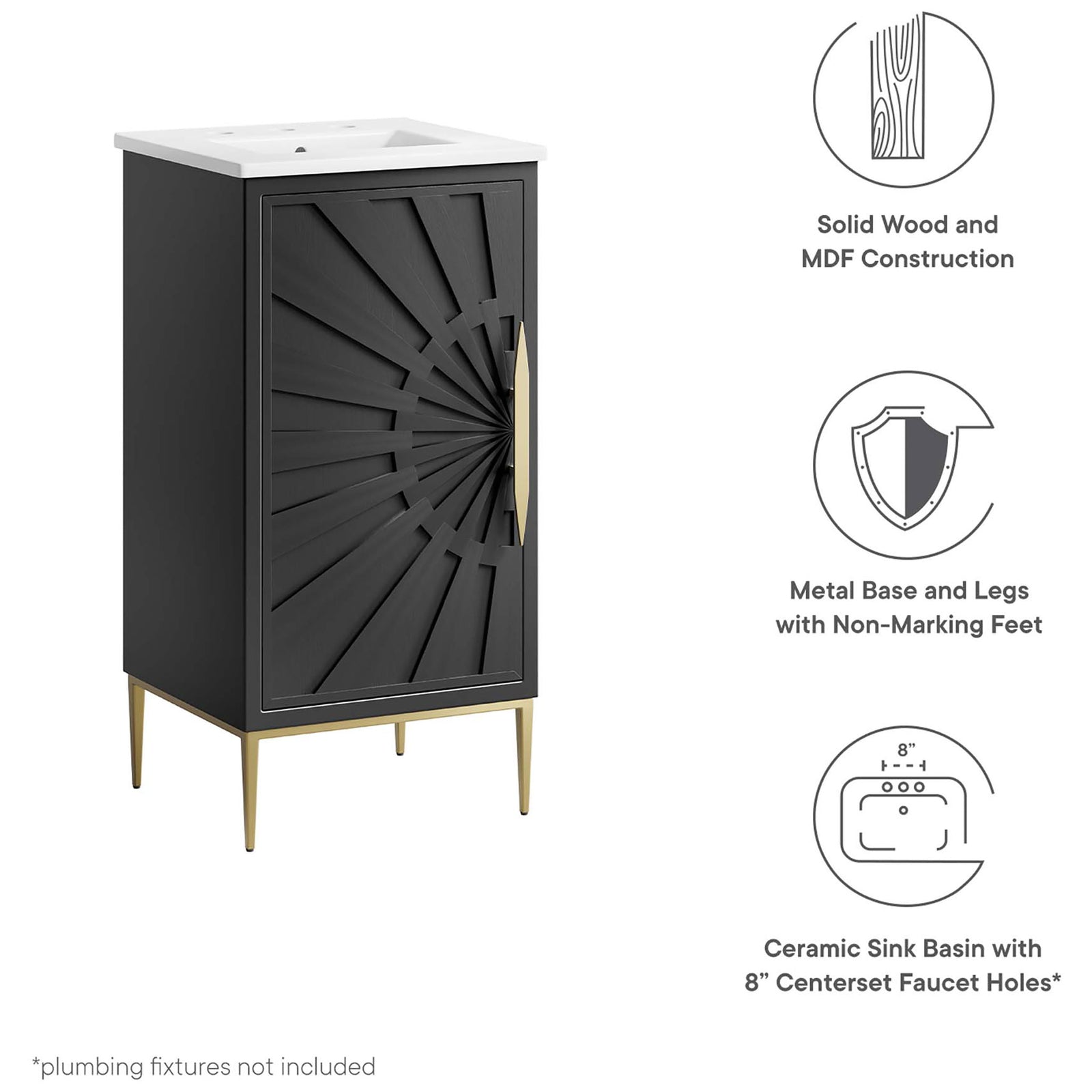 Key features: solid wood and MDF construction, metal base and legs, ceramic sink with faucet holes || EEI-6285-WHI-BLK || callout_studio