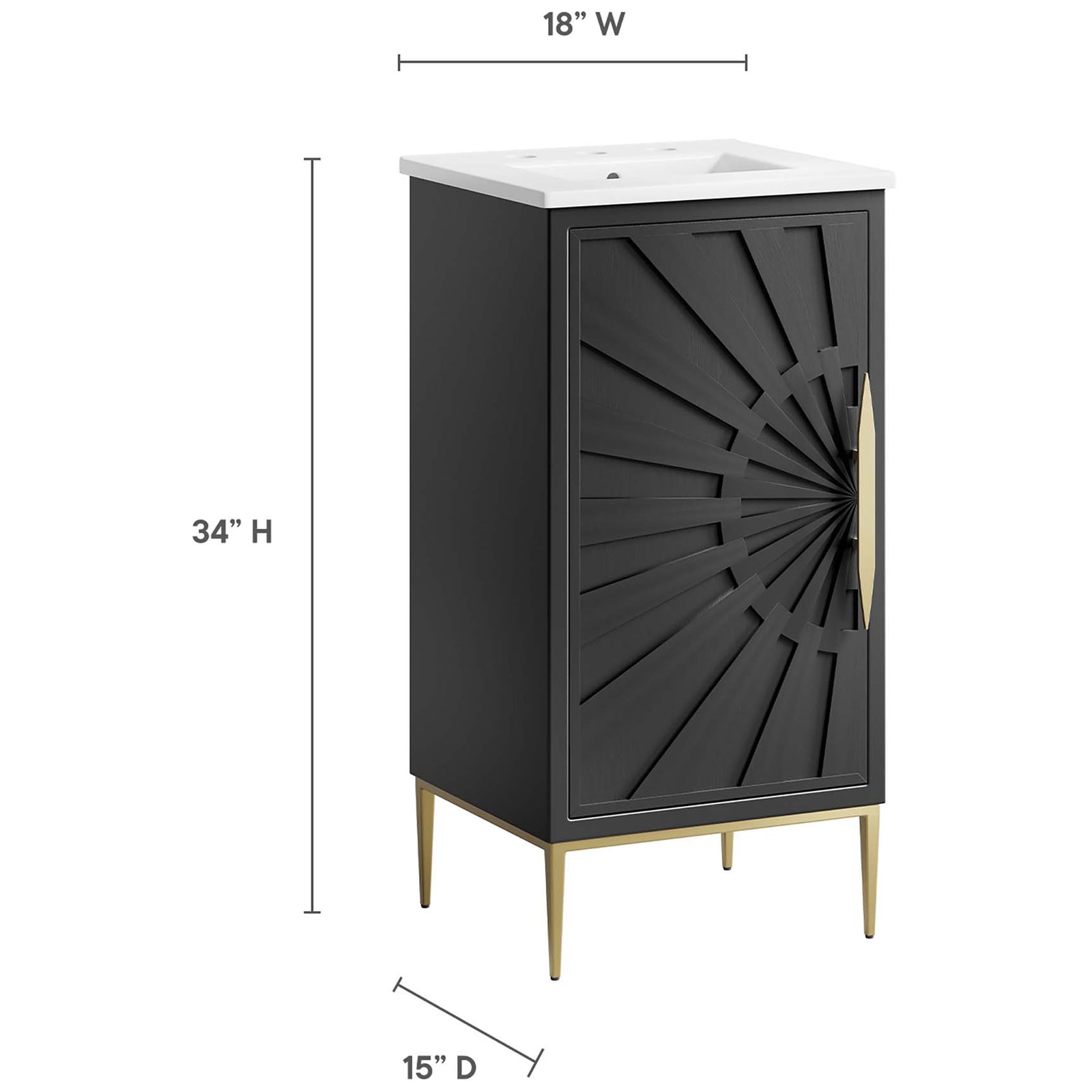 Compact 18 inch wide vanity shown with 34 inch height and 15 inch depth dimensions || EEI-6285-WHI-BLK || dimension_studio