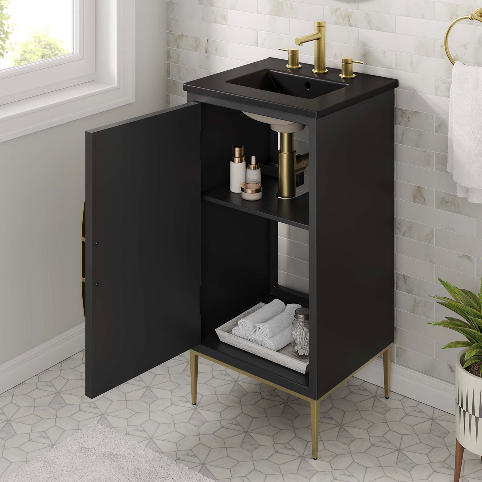 Door opens to reveal roomy shelves for towels and toiletries, finished in black with gold accents || EEI-6287-BLK-BLK || front_angle_open_room