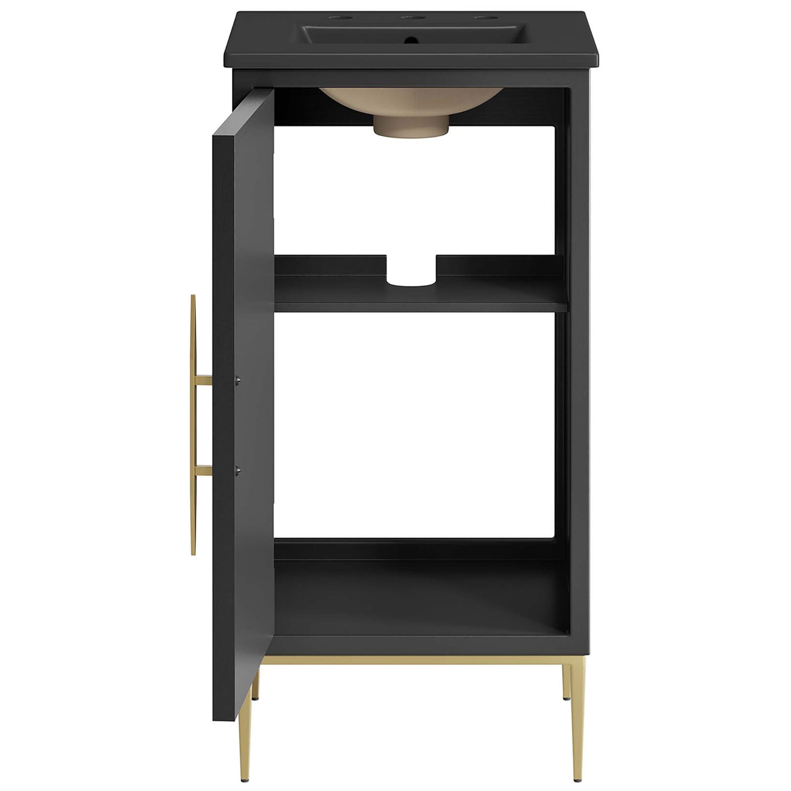 Spacious two-tier storage behind the door keeps towels and toiletries neatly organized || EEI-6287-BLK-BLK || front_open_studio
