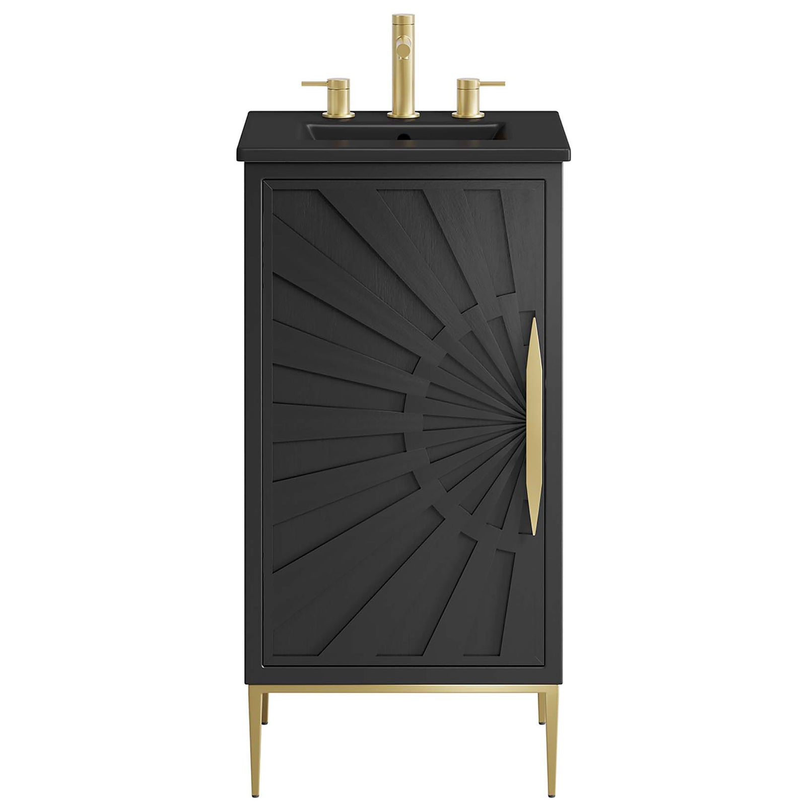 Striking sunburst door detail with satin gold hardware and tapered legs in a bold black finish || EEI-6287-BLK-BLK || front_studio