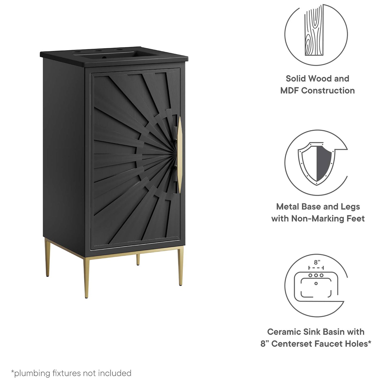 Solid wood and MDF cabinet with metal base, non-marking feet, and a ceramic 3-hole sink || EEI-6287-BLK-BLK || callout_studio