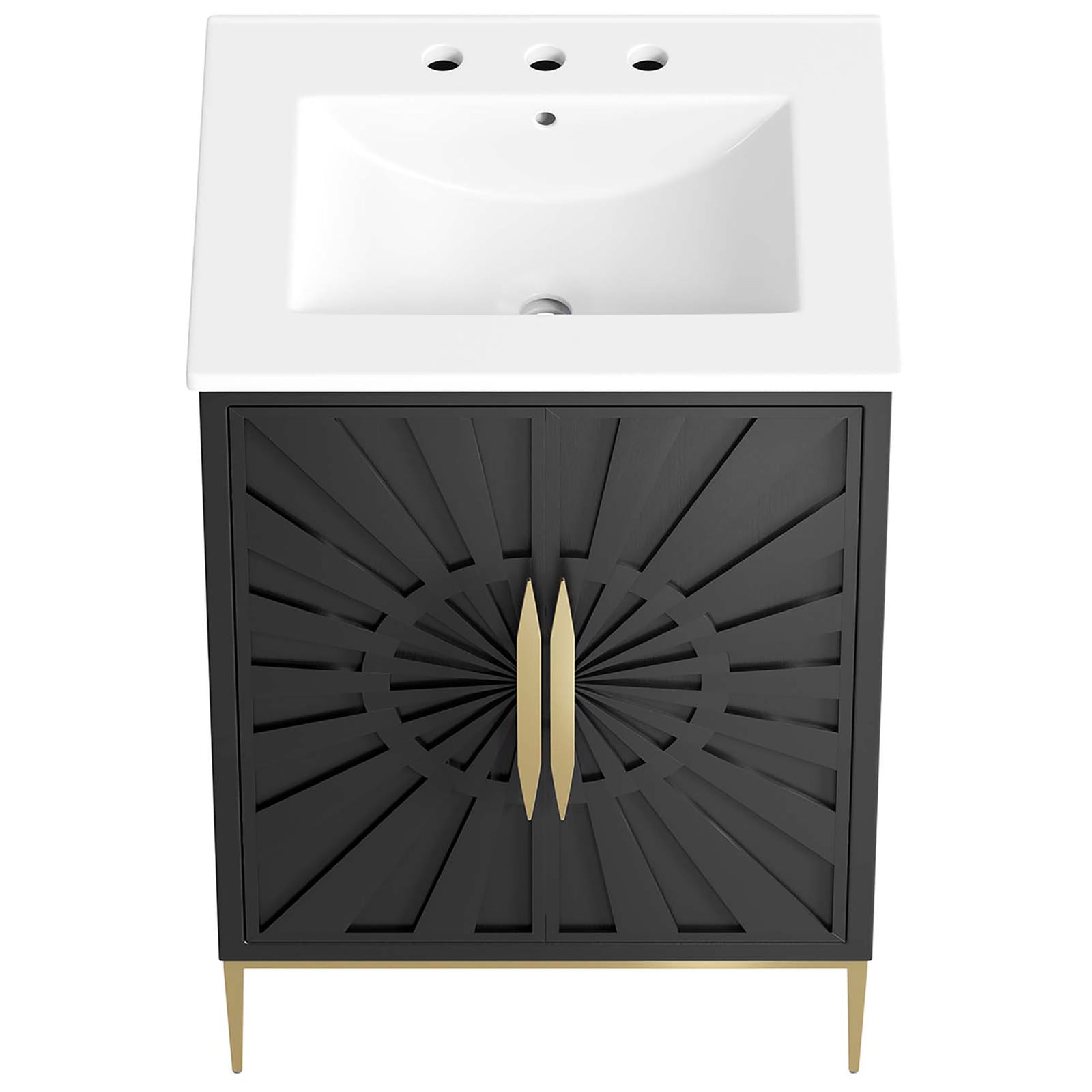 Integrated ceramic sink with widespread faucet holes and clean, easy-to-wipe edges. || EEI-6289-WHI-BLK || top_studio