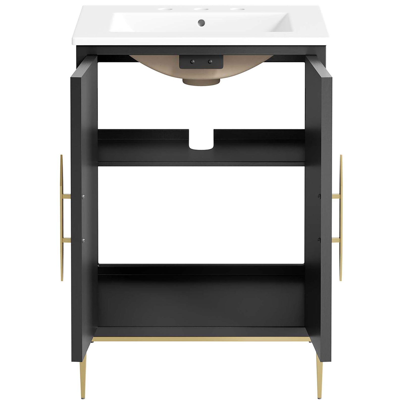 Double doors open to reveal generous two-level storage for bath essentials. || EEI-6289-WHI-BLK || front_open_studio