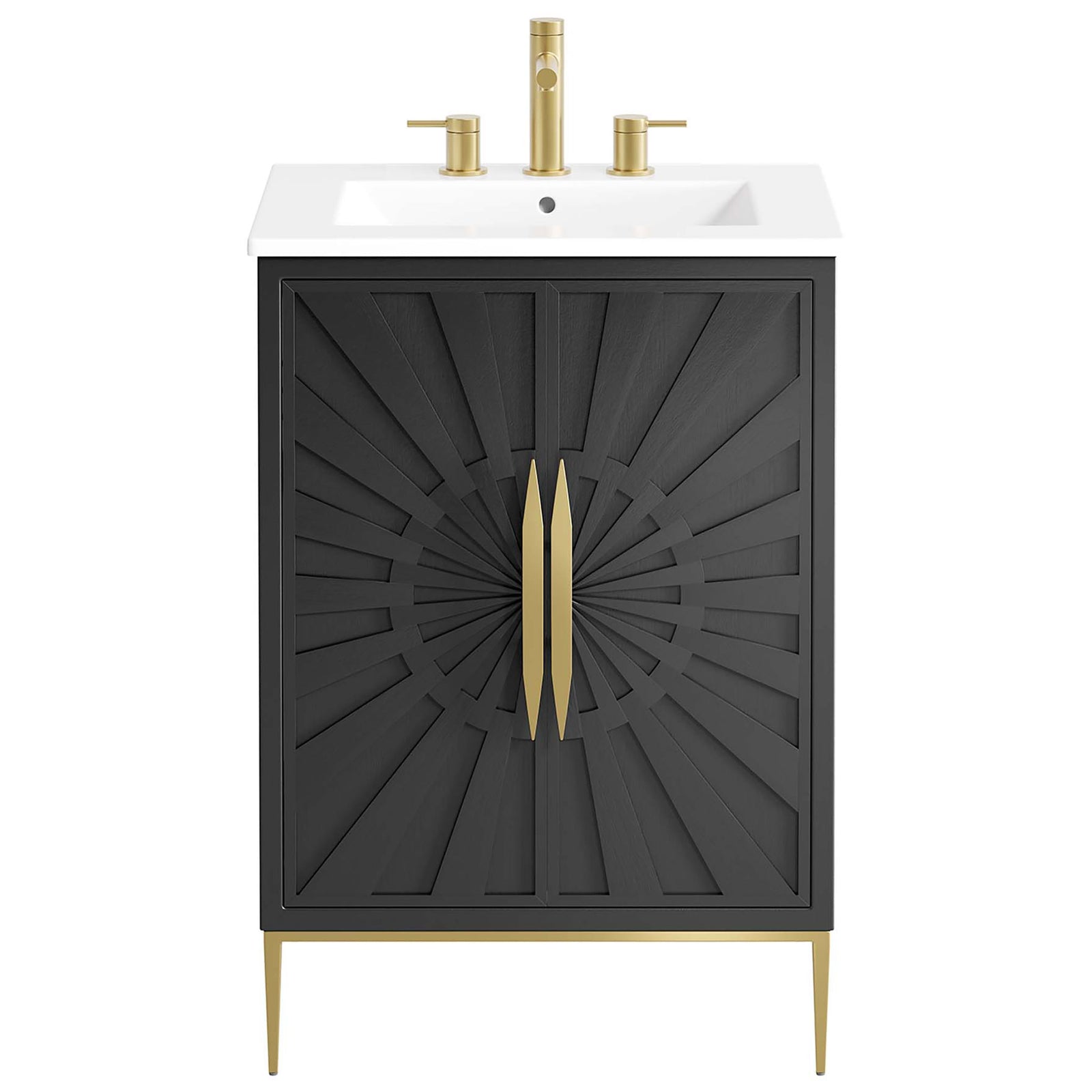 Bold black vanity with sunburst doors, gold pulls, and a glossy white ceramic top. || EEI-6289-WHI-BLK || front_studio