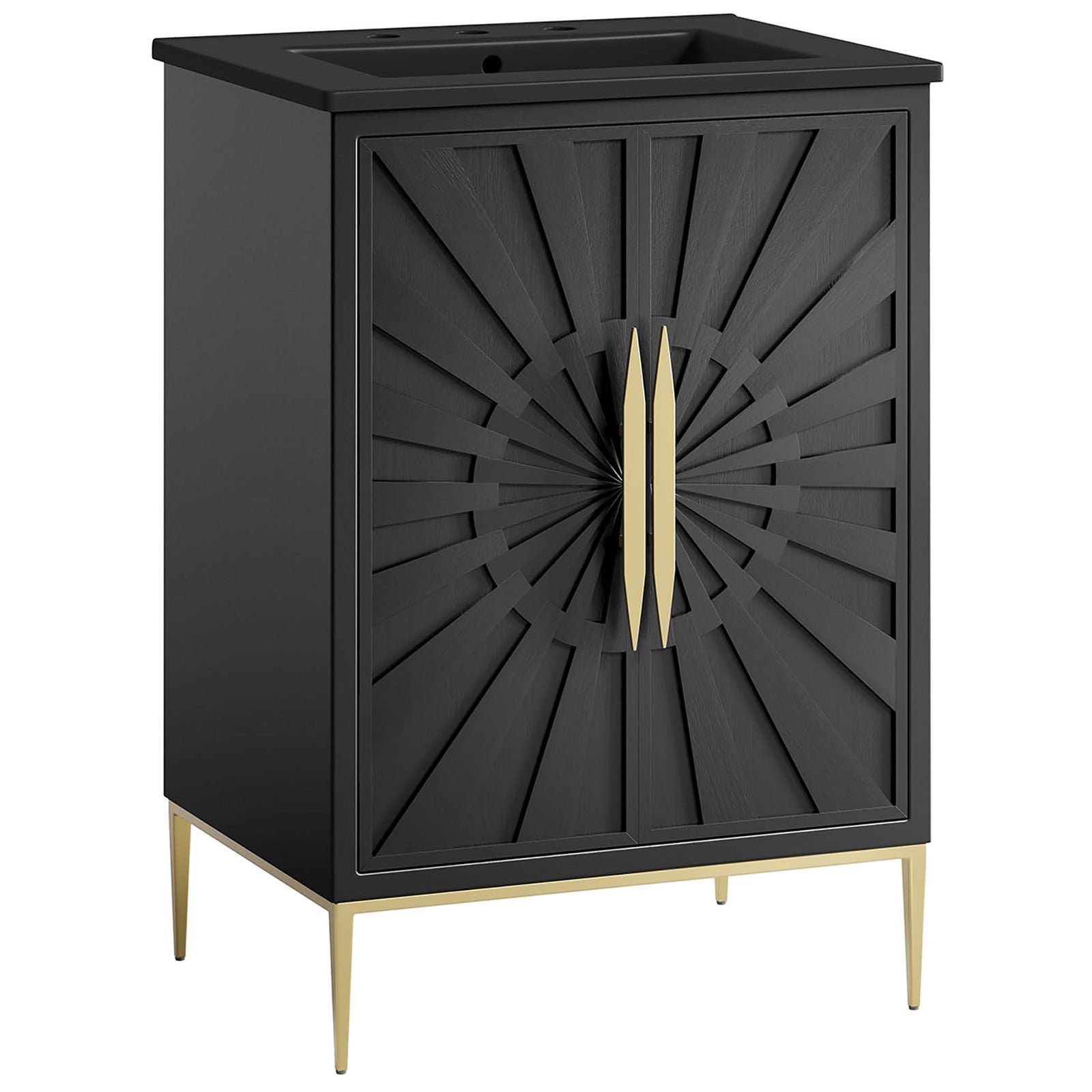 Sleek black vanity with sunburst doors, gold handles, and slim legs for a modern luxe look || EEI-6291-BLK-BLK || front_angle_studio