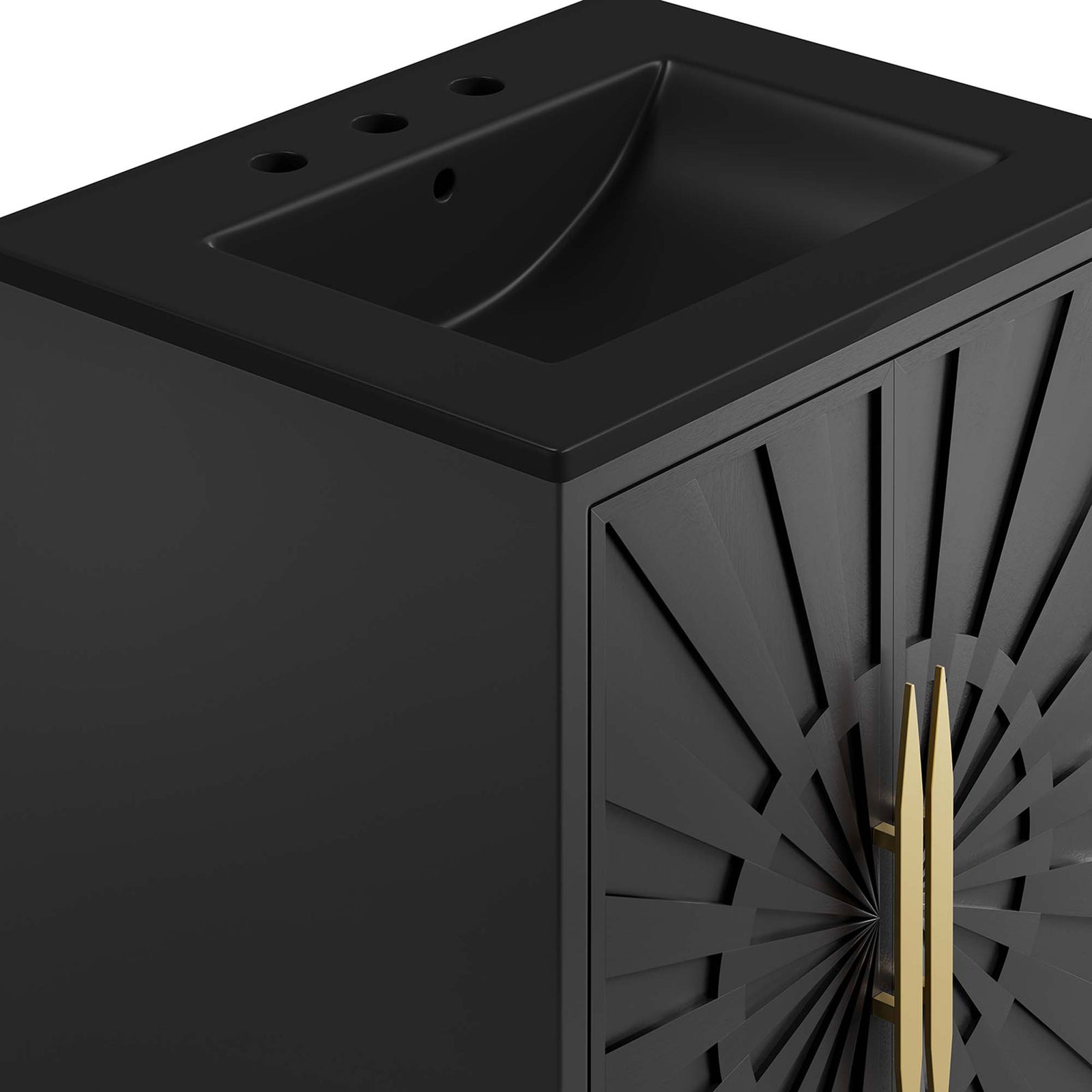 Textured wood grain and matte ceramic basin pair beautifully with gleaming gold pulls || EEI-6291-BLK-BLK || detail_studio