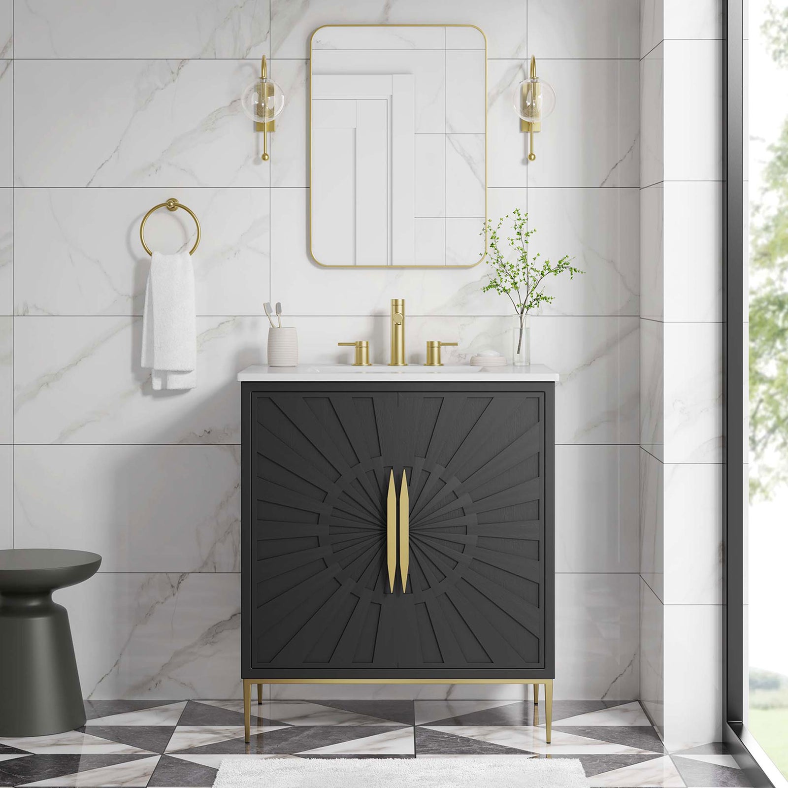 Refined bathroom centerpiece with gold accents and bold, textured doors. || EEI-6293-WHI-BLK || front_room