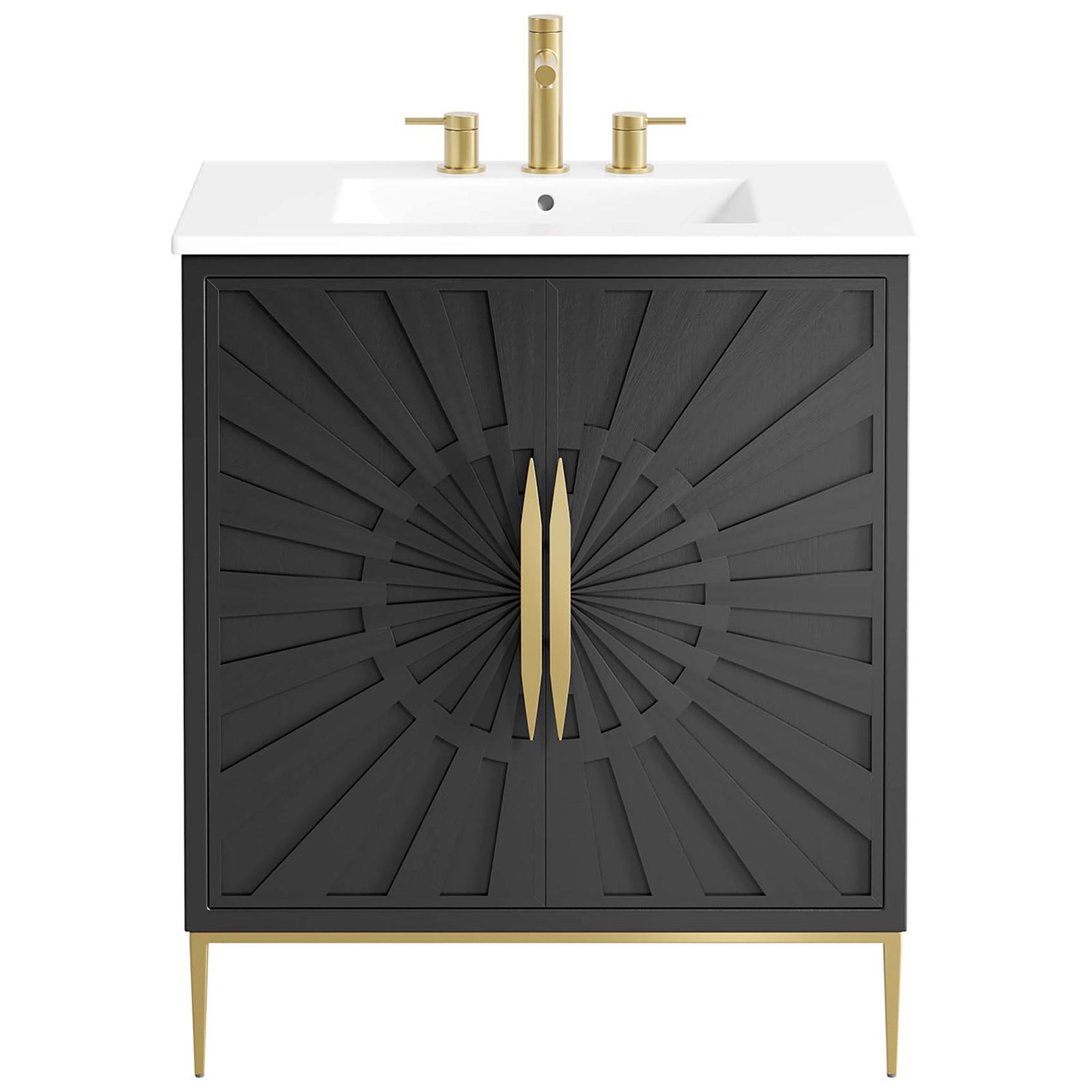 Statement vanity with radiant door pattern, twin gold handles, and a crisp white sink. || EEI-6293-WHI-BLK || front_studio