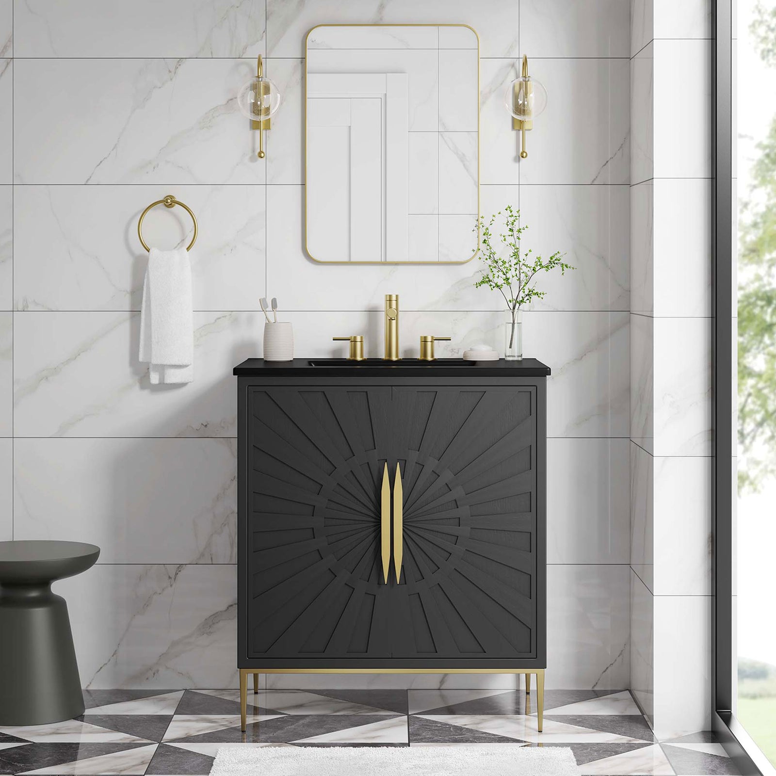 Statement vanity centers the bath with rich black finish and warm gold details || EEI-6295-BLK-BLK || front_room