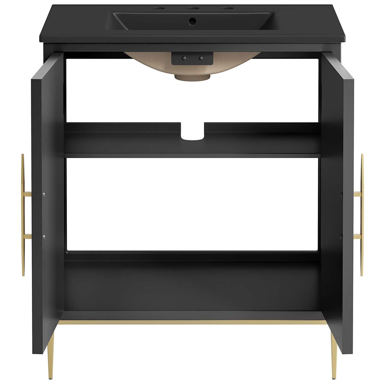 Double doors open to wide shelves for towels, bottles, and everyday bath essentials || EEI-6295-BLK-BLK || front_open_studio