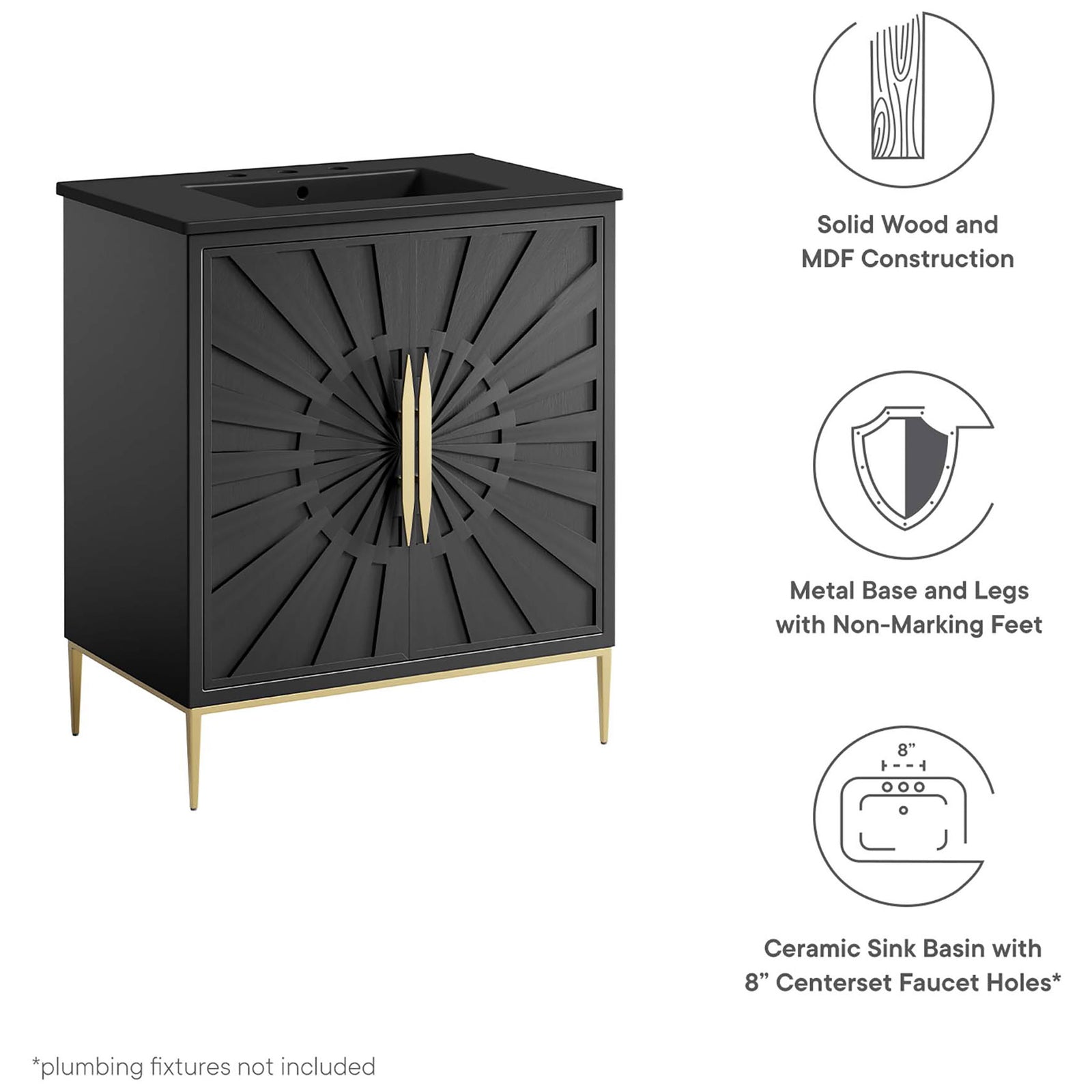 Solid wood and MDF build, metal base with non-marking feet, and ceramic basin || EEI-6295-BLK-BLK || callout_studio