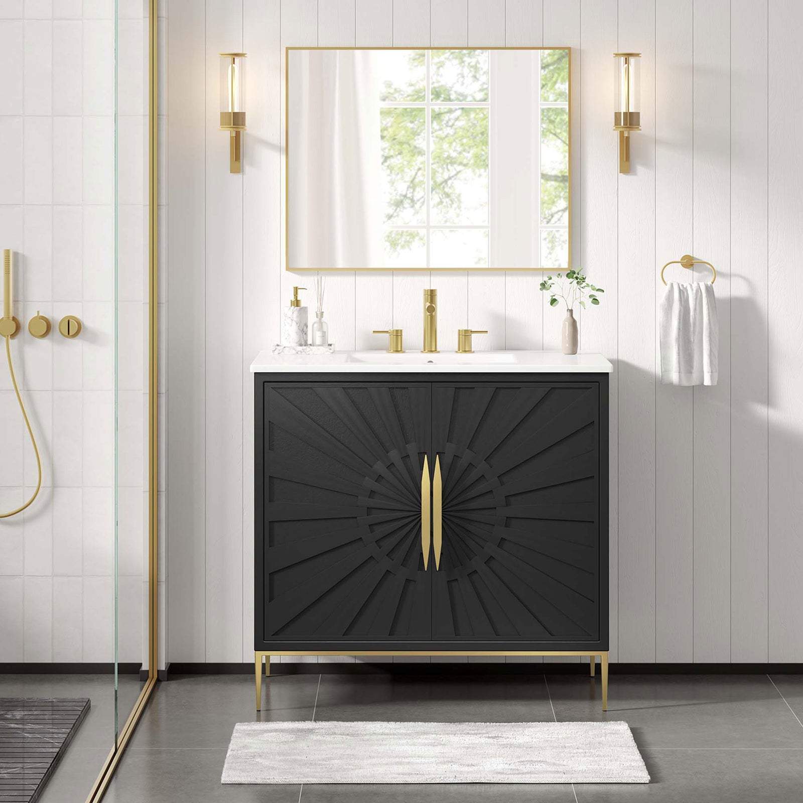 Sophisticated bathroom upgrade with gleaming hardware and graphic doors. || EEI-6297-WHI-BLK || front_room