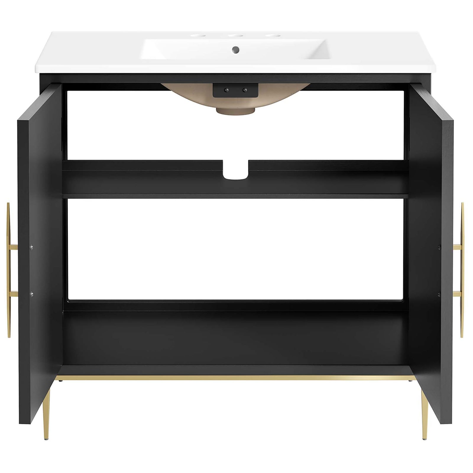 Wide cabinet opening reveals generous storage for towels and supplies. || EEI-6297-WHI-BLK || front_open_studio