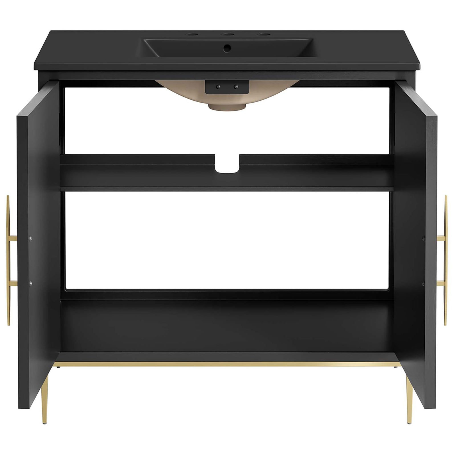 Spacious shelves behind twin doors keep linens and supplies neatly arranged || EEI-6299-BLK-BLK || front_open_studio