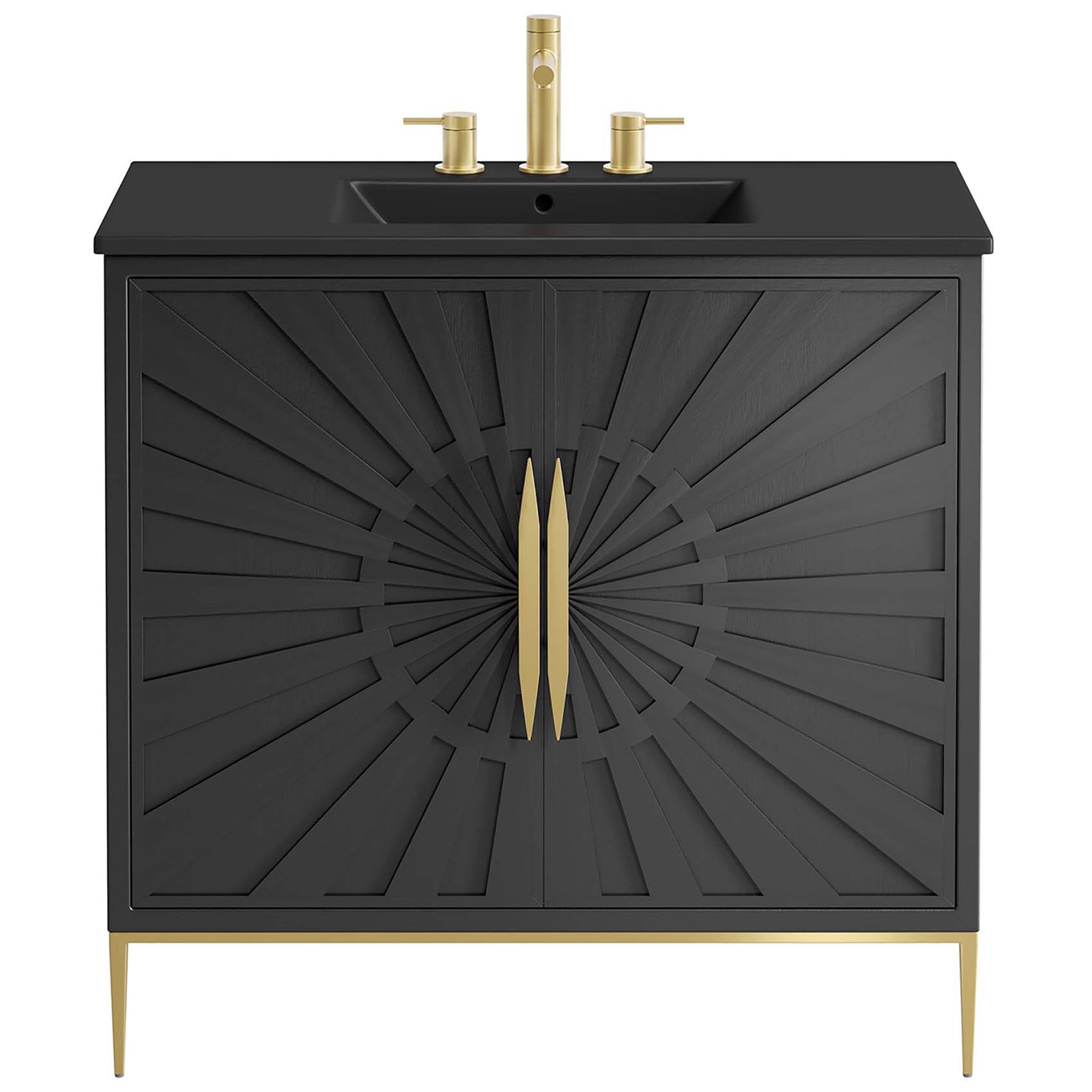 Striking black vanity with sunburst doors and gold accents creates a focal point || EEI-6299-BLK-BLK || front_studio