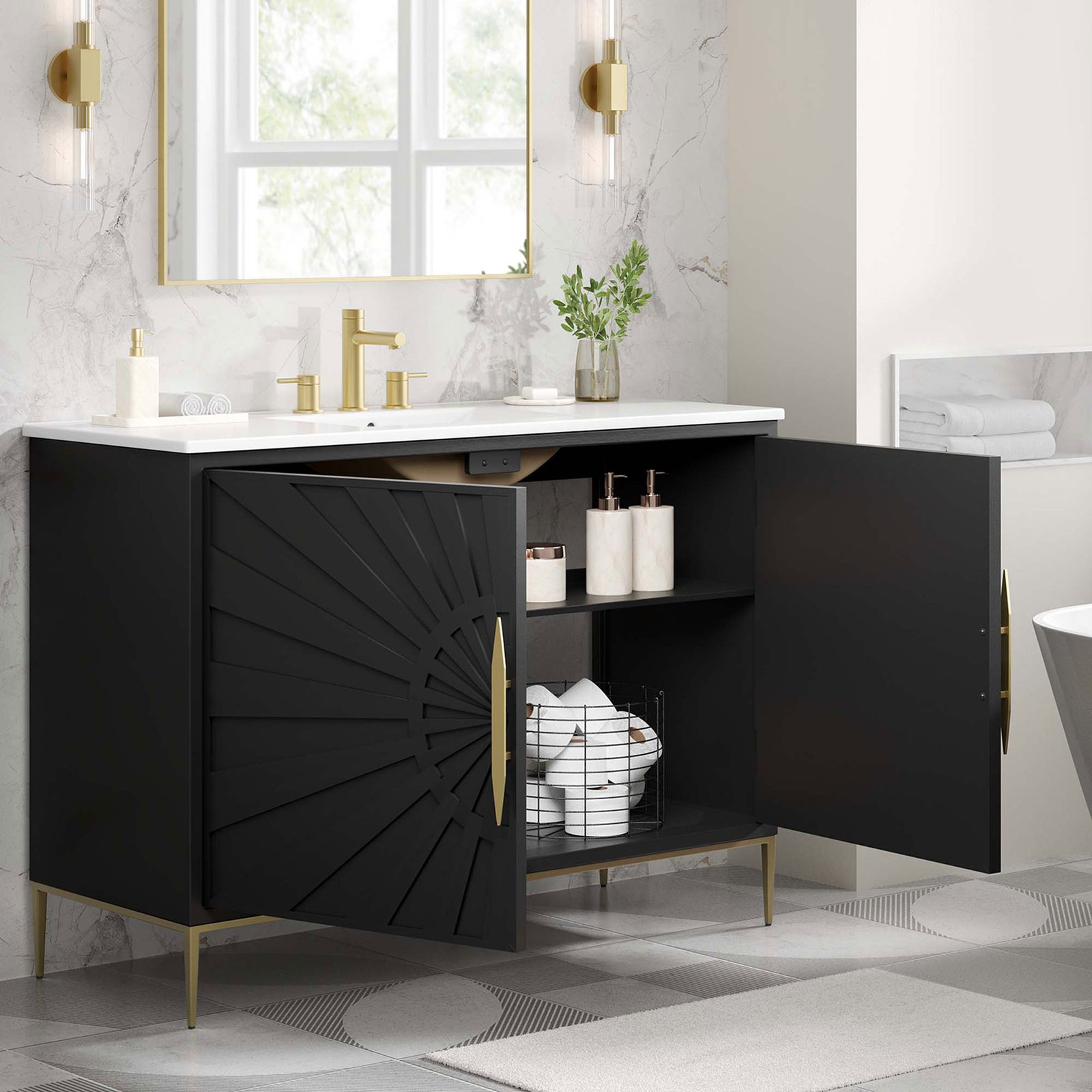 Wide interior keeps bath items organized and close at hand. || EEI-6301-WHI-BLK || front_angle_open_room