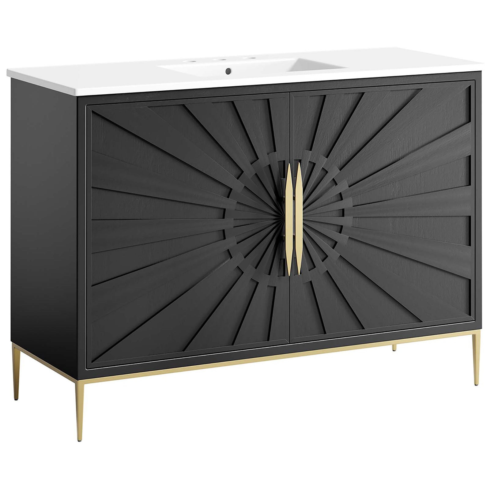 Striking design pairs sculpted doors with slender gold legs for a luxe look. || EEI-6301-WHI-BLK || front_angle_studio