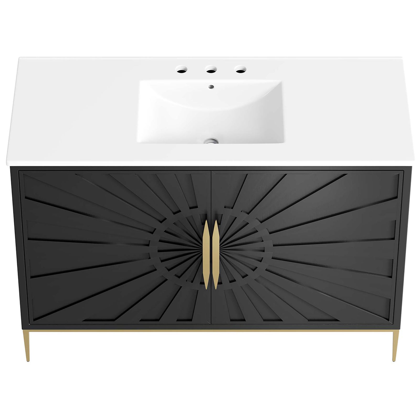 Spacious ceramic counter with integrated basin and faucet-ready holes. || EEI-6301-WHI-BLK || top_studio