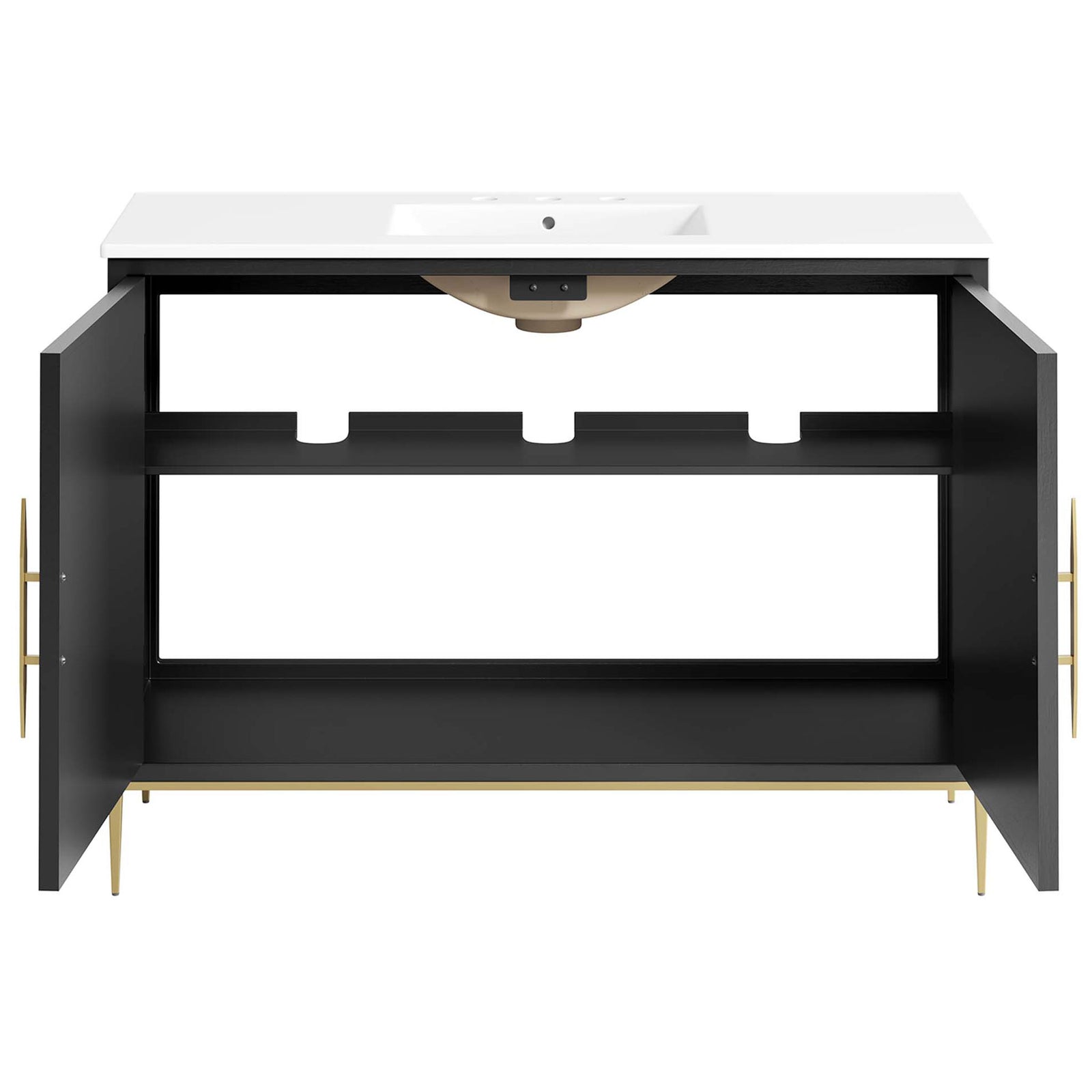 Extra-wide cabinet doors open to expansive storage with a fixed shelf. || EEI-6301-WHI-BLK || front_open_studio